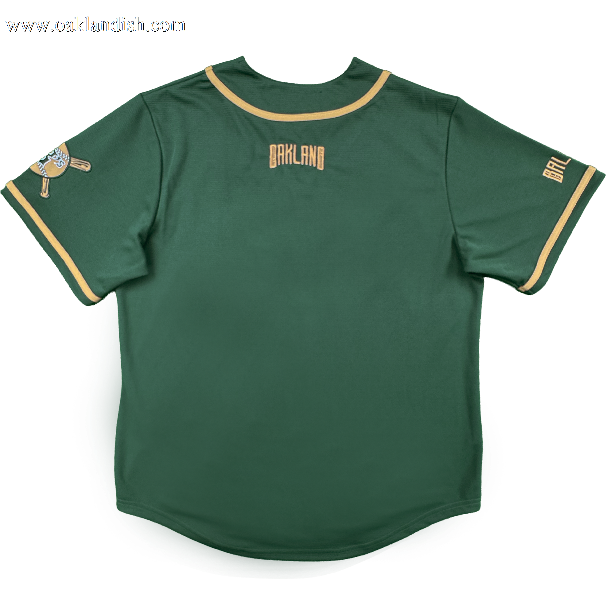 The Oakland Ballers Oakland Button Up Jersey is green with gold trim on the sleeves and collar, "OAKLAND" in gold text on the upper back, a Pioneer League patch on the left sleeve, and "BALLERS" in gold on the right sleeve. Laid flat, back facing up.
