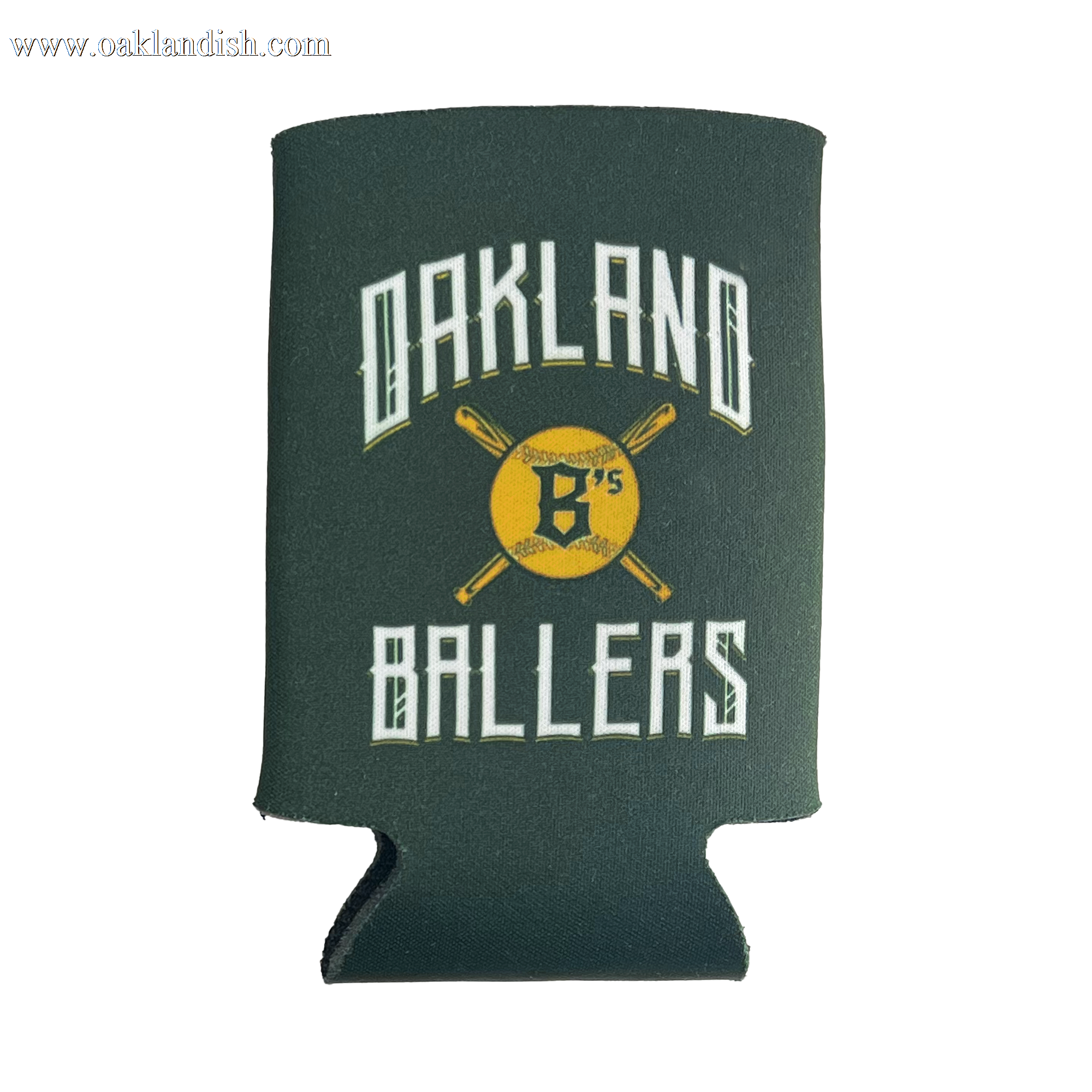 Image of a green foam can cooler, named "Oakland Ballers 12oz Can Cooler" by the Oakland Ballers brand, featuring the text "OAKLAND BALLERS" in a white old-English font. Between the words is a yellow baseball with the letter "B's" and two crossed bats behind it, celebrating the new professional baseball team in the Pioneer League. The can cooler has a cutout at the bottom to accommodate the base of a can.