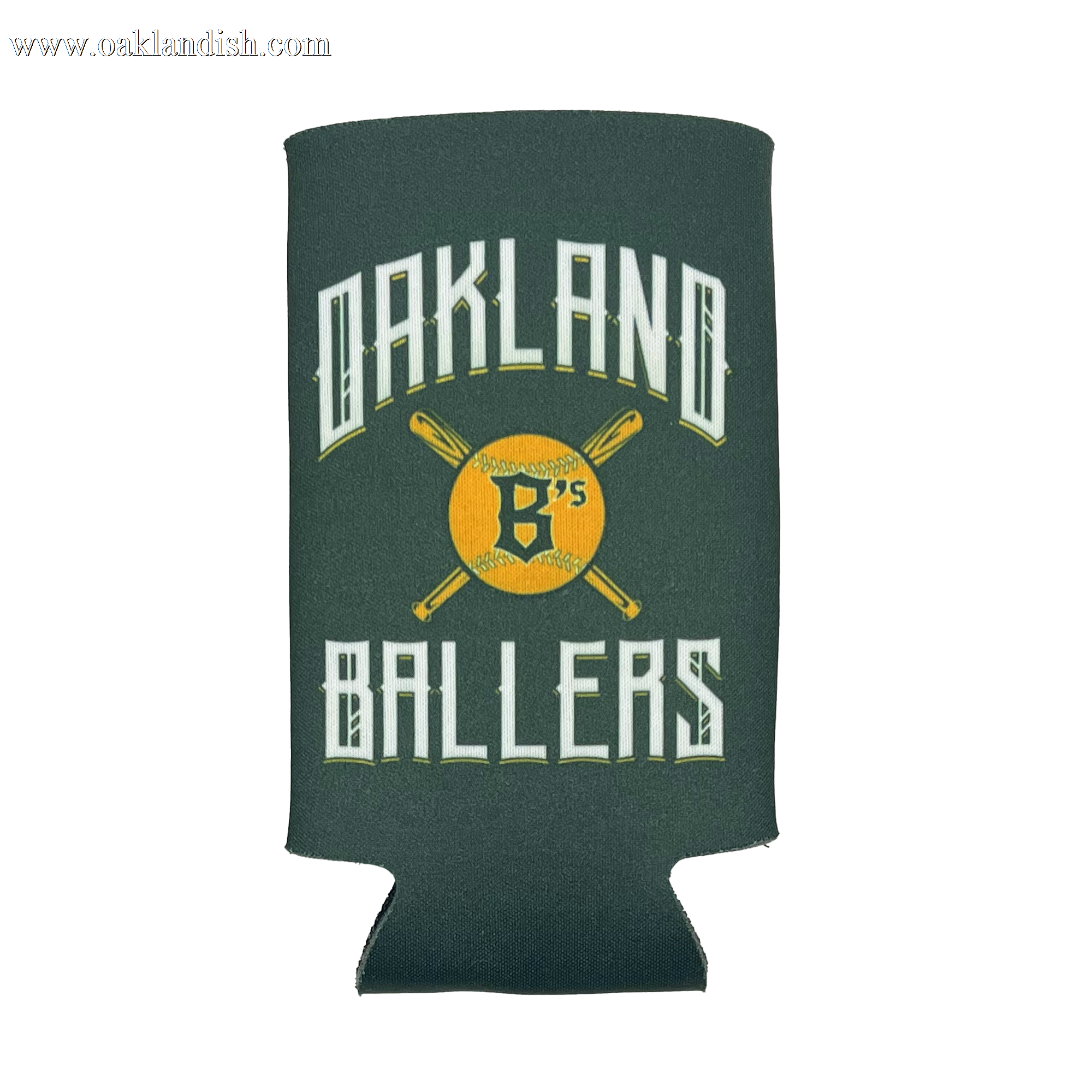 The Oakland Ballers 16oz Can Cooler, branded by the Oakland Ballers, is green and features the words "Oakland Ballers" in white, stylized text. In the center, it showcases a yellow baseball with a black letter "B's," crossed by two baseball bats. Representing a professional team from the Pioneer League, this cooler is perfect for game days.