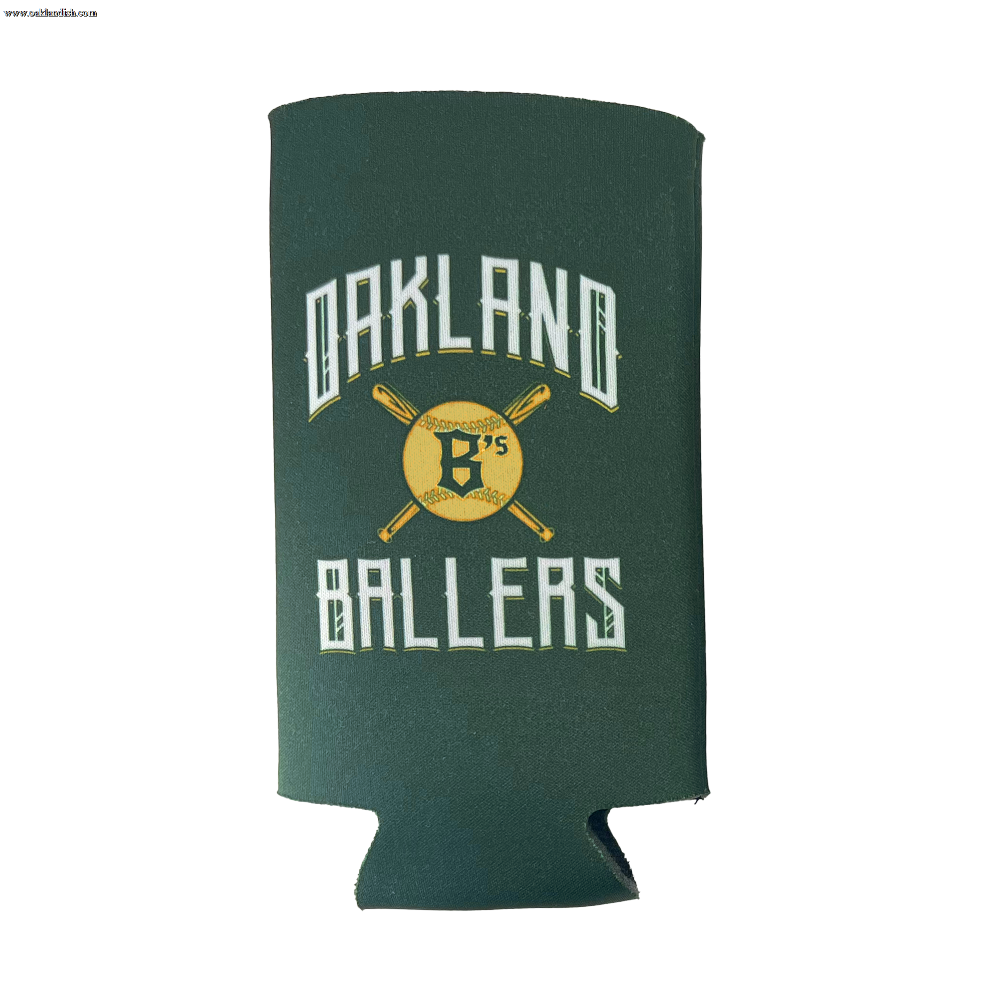 Introducing the Oakland Ballers 24oz Can Cooler: This green cooler features the text "Oakland Ballers" in a white, stylized font. The design showcases two crossed baseball bats and a yellow baseball with the letter "B's" in black at the center, celebrating Oakland’s new pro baseball team from the Pioneer League. It comes with a flat base and has a subtle cutout at the bottom for added convenience.