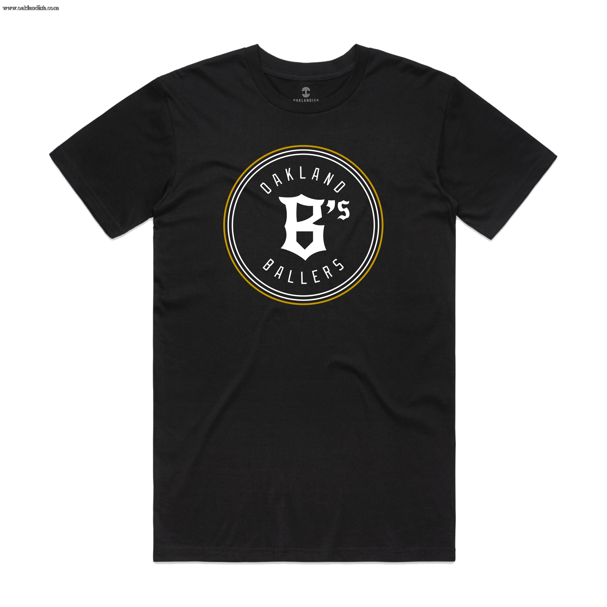 The Oakland Ballers Classic Tee by the Oakland Ballers is a black shirt showcasing a central circular logo with "OAKLAND BALLERS" around a stylized "B's," inspired by the Pioneer League baseball team. The circle is outlined in white and gold, and it features a crew neckline.