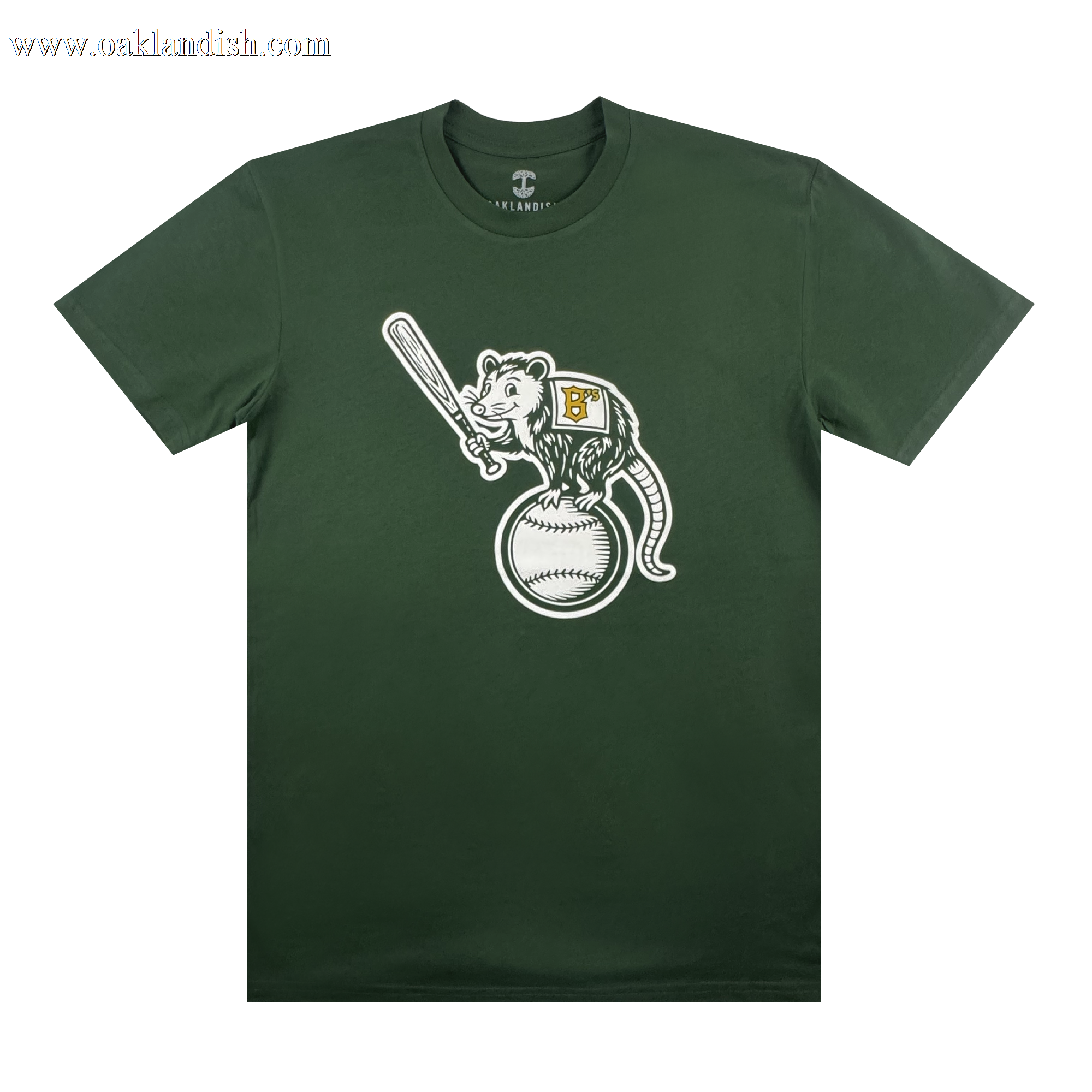 The Clutch Tee by Oakland Ballers showcases a cartoon opossum in a yellow "B" jersey with a bat, standing on a baseball, all on dark green fabric against a white background.