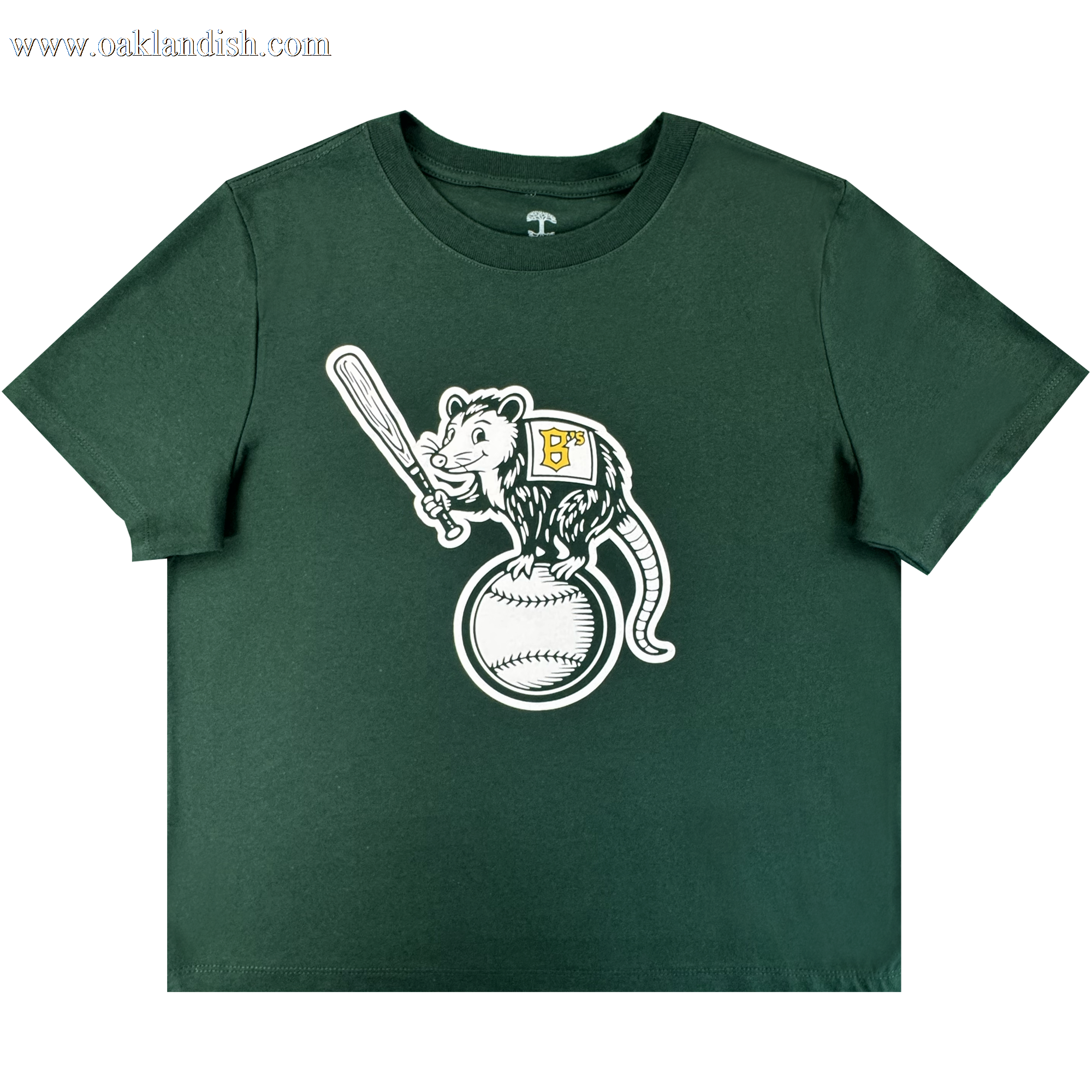 The Women's Clutch Tee from Oakland Ballers is a dark green shirt with a cartoon opossum holding a bat atop a baseball, wearing a "BP" patch—centered on the chest and ideal for Pioneer League and Oakland Ballers fans.