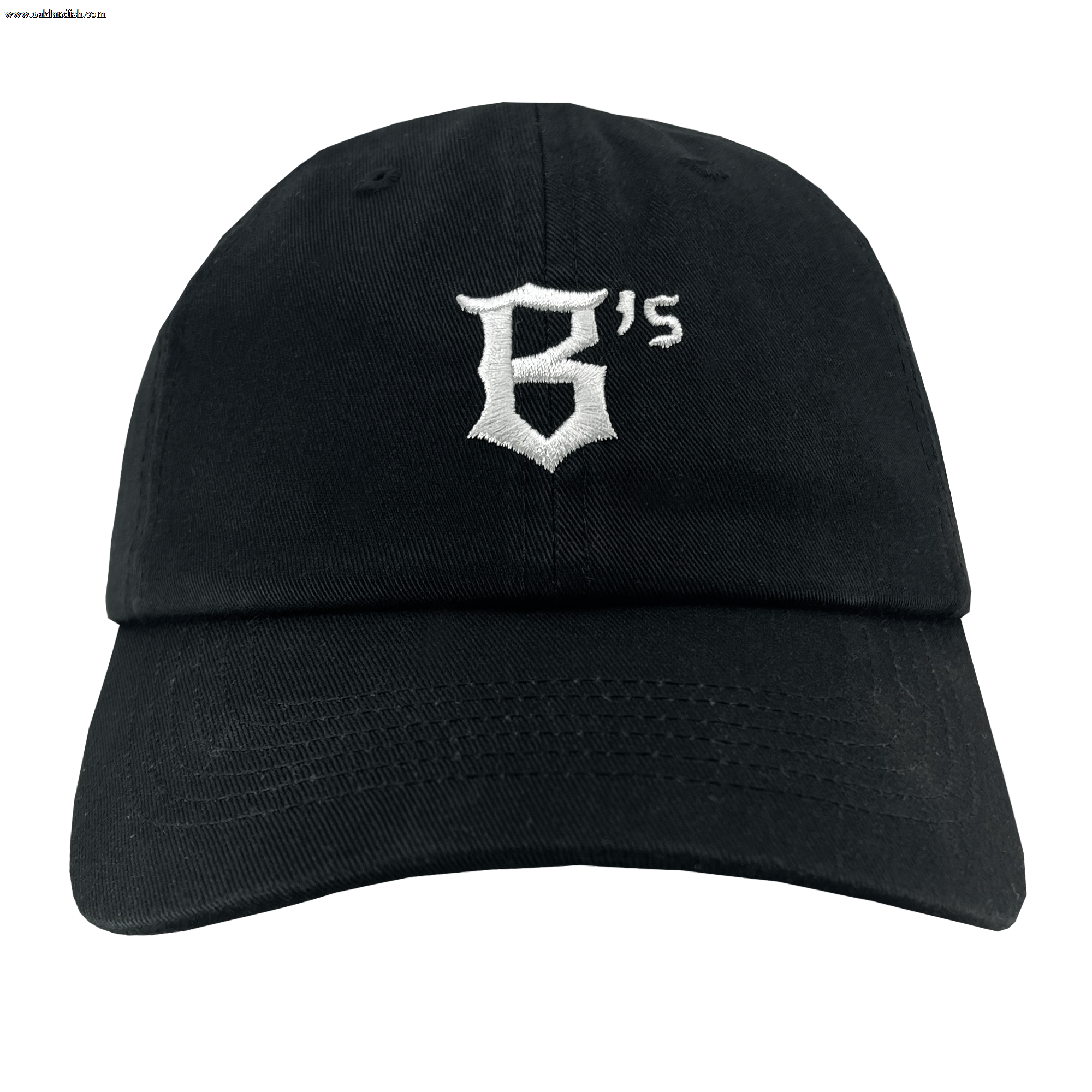 The Oakland Ballers Dad Hat, offered by the Oakland Ballers team, is a black baseball cap that prominently displays the white embroidered text "B's" on the front. Representing the new professional baseball team, this cap features a curved brim and an adjustable back strap for a casual style. The bold, slightly ornate font adds a distinctive touch to the design.