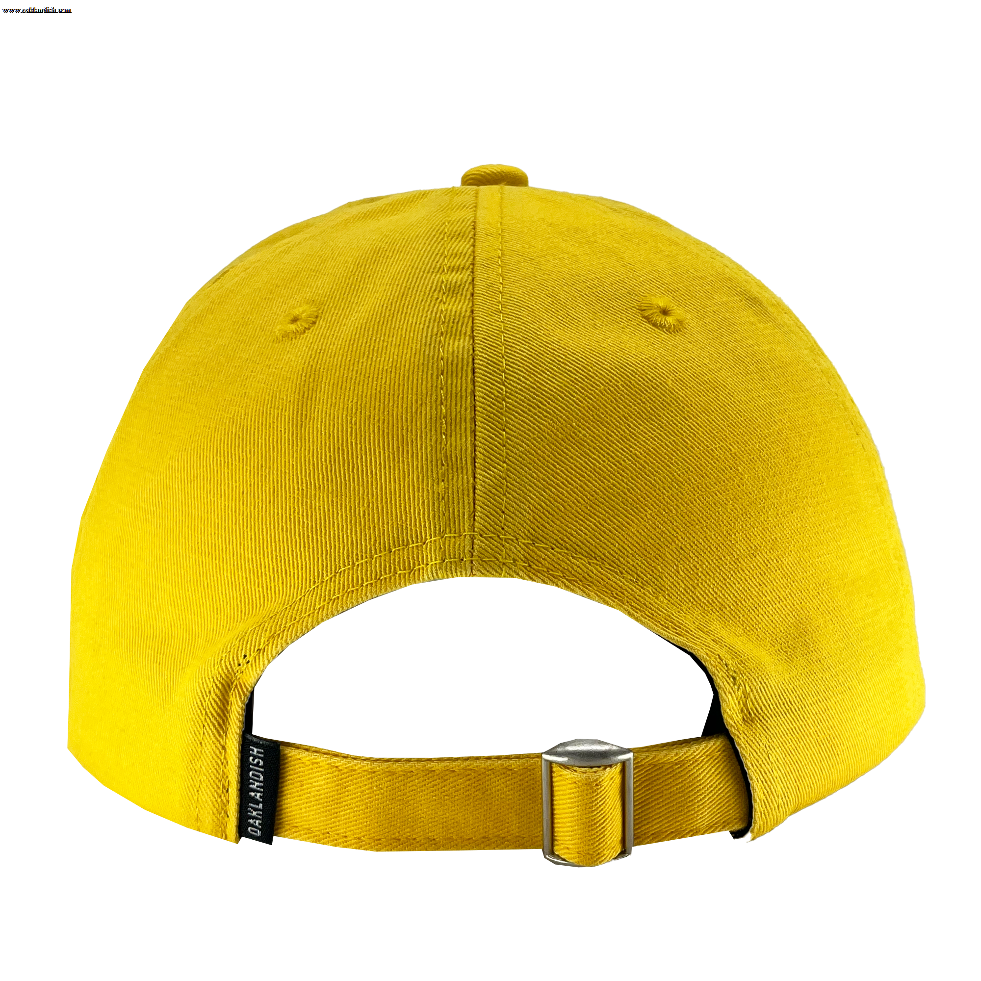 Back view of the Oakland Ballers Dad Hat in yellow, featuring a metal buckle closure on the adjustable strap. The cap has a small circular button on top and two vent holes on the upper back sides. A small black tag with white text reading "MARK AND RISH" is attached near the strap, perfect for fans of the Pioneer League.