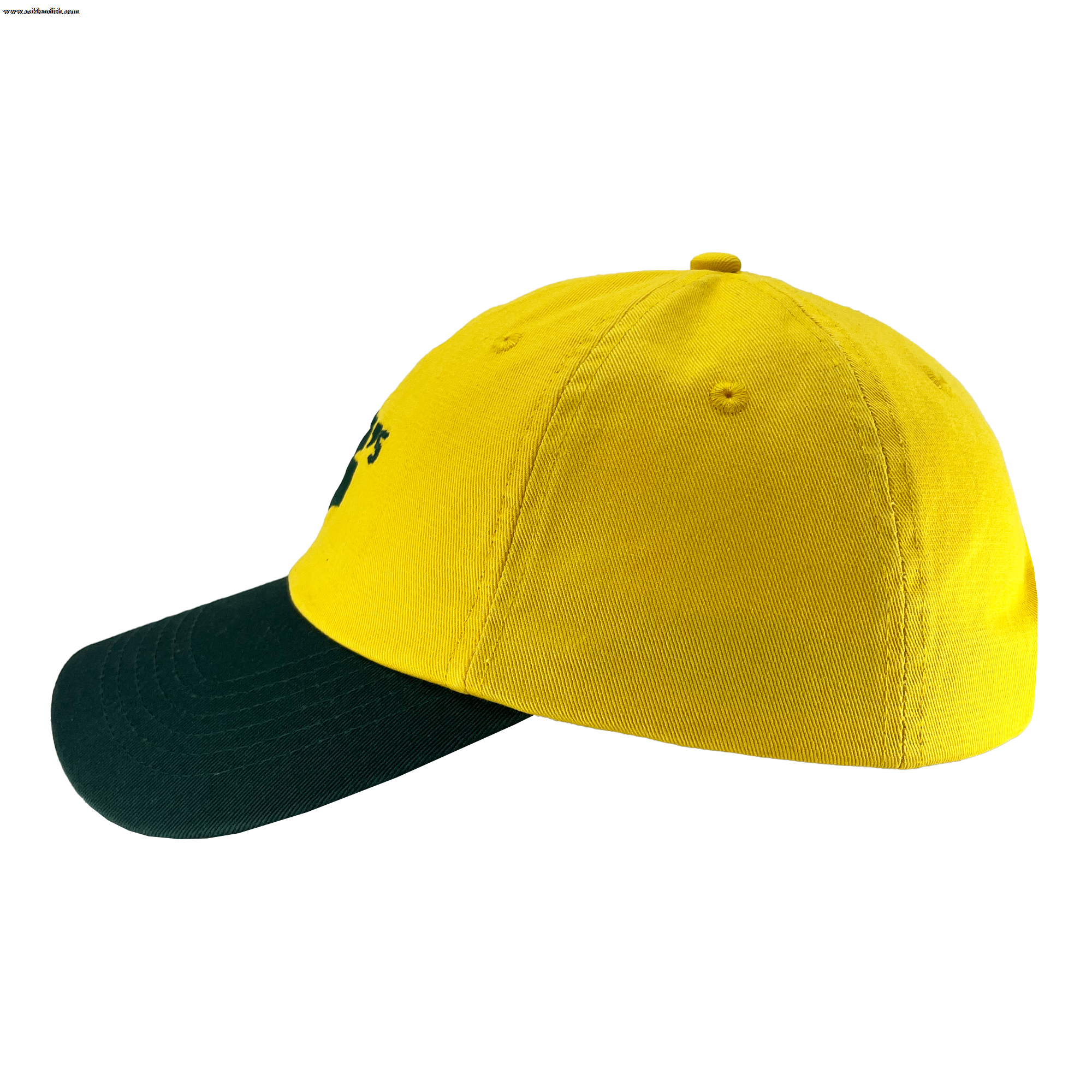 The Oakland Ballers Dad Hat is a yellow baseball cap with a dark green bill. The front of the cap features a small Oakland Ballers logo, although the details are not visible from this side view. There are ventilation holes on the crown of the cap, and the top button matches the yellow color. Perfect for any fan of professional baseball teams like the Oakland Ballers.