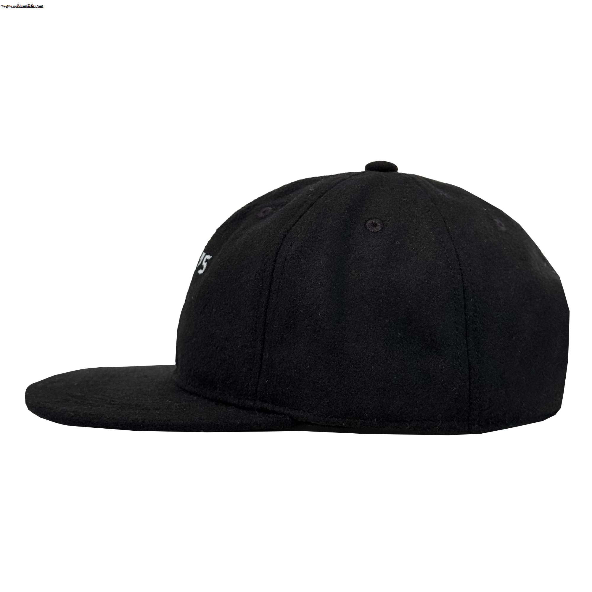 The Oakland Ballers B Strapback by Oakland Ballers is a black six-panel hat with a flat brim and adjustable strapback. Viewed from the side, it looks plain except for a small section of white embroidered text on the front left edge.