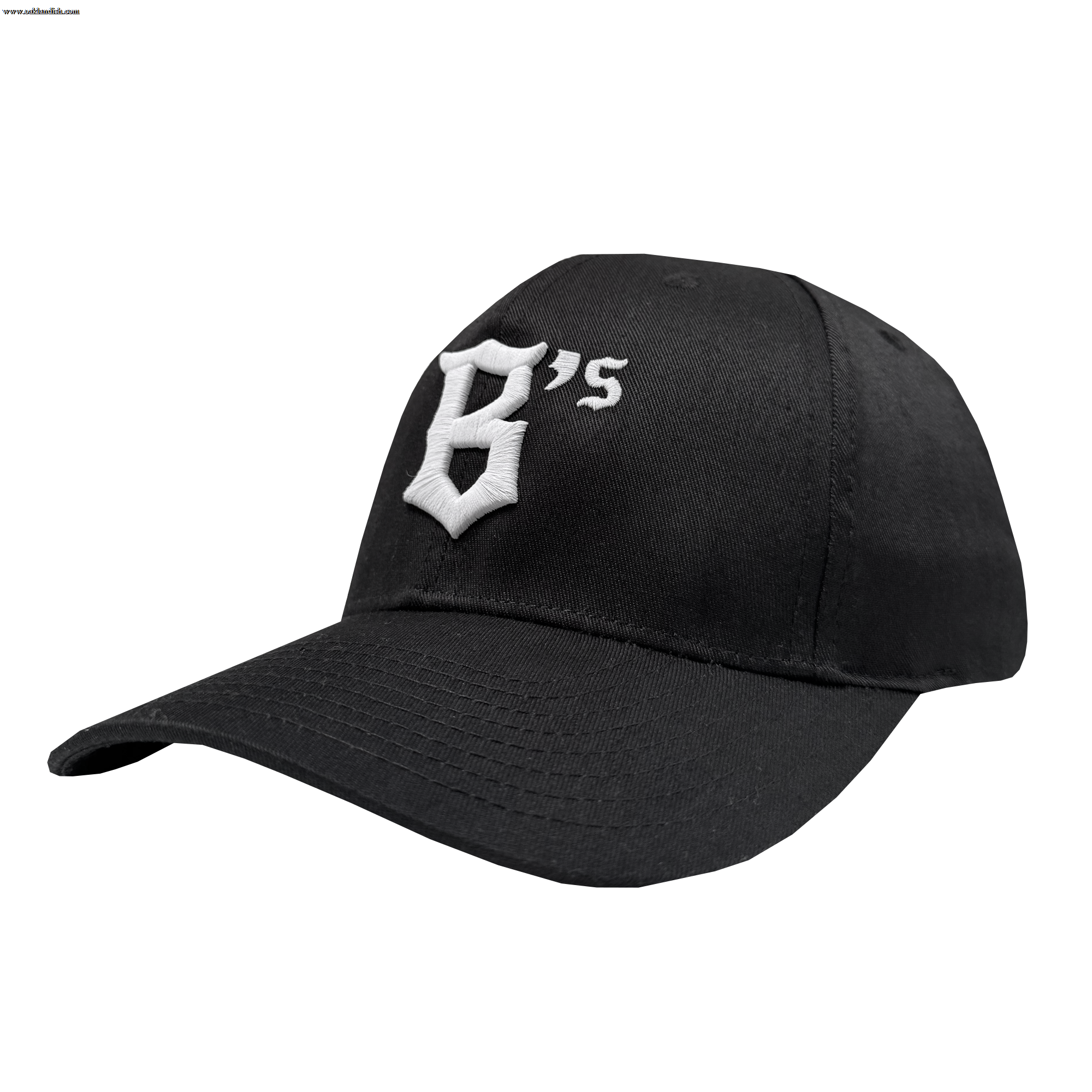 The Oakland Ballers Flexfit Cap is a black polyester-spandex baseball cap with a curved brim and white embroidered “G’s” in Gothic font. The Oakland Ballers brand cap is shown angled on a plain white background, showing the front and side.