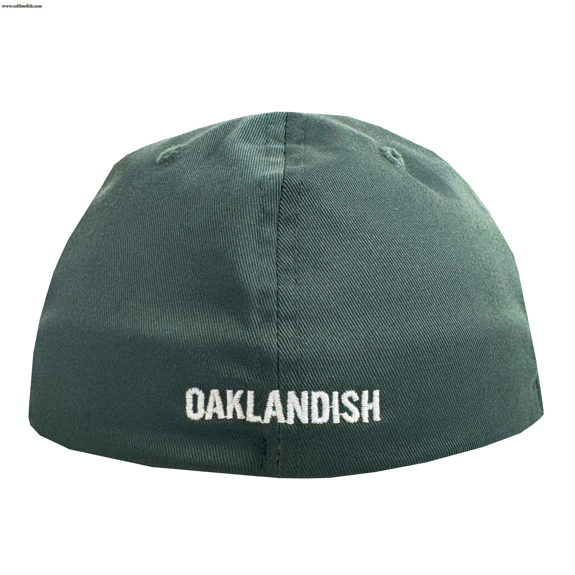 The Oakland Ballers Flexfit Cap, by Oakland Ballers, is a green cap with "OAKLANDISH" boldly embroidered in white on the back. Featuring two stitched eyelets and textured fabric, it celebrates local pro baseball pride.