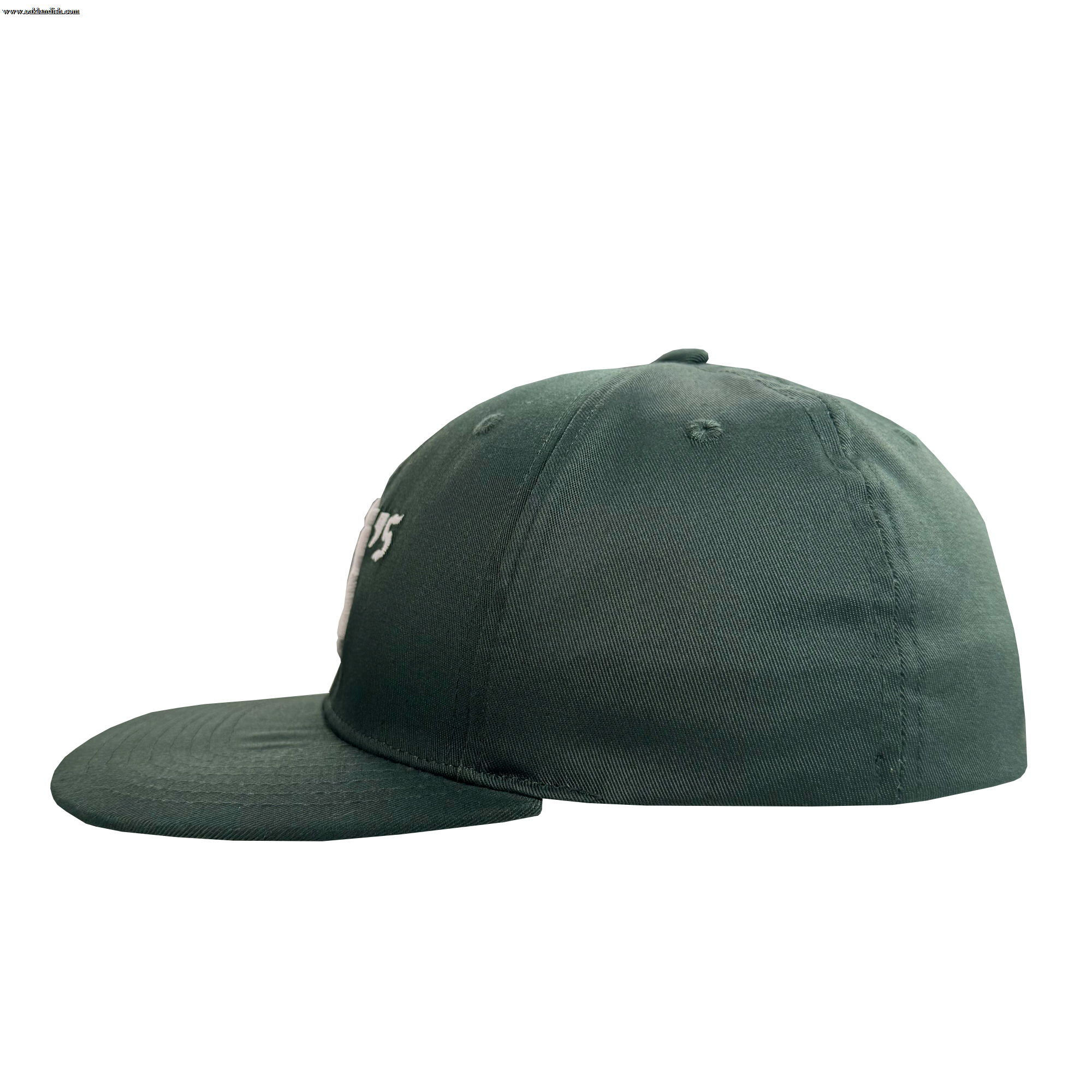 The Oakland Ballers Flexfit Cap by Oakland Ballers is a dark green baseball cap with a flat brim, visible stitching, and top button. Shown in profile, it features part of the team's white embroidered logo on the front left panel.