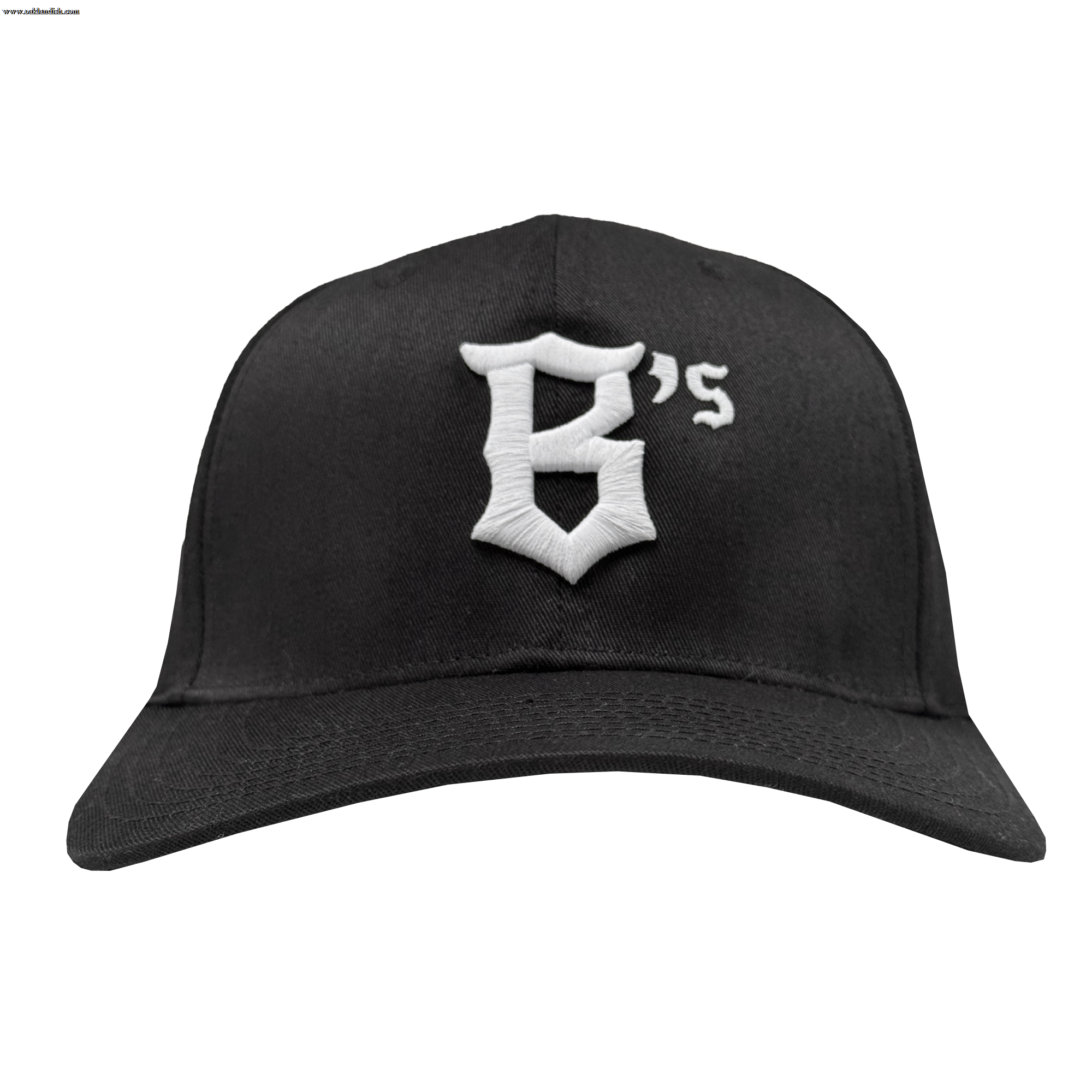 The Oakland Ballers Flexfit Cap by Oakland Ballers is a black baseball hat with a white, Gothic-style embroidered “B’s” on the front, featuring a curved brim and structured crown. Shown against a white background.