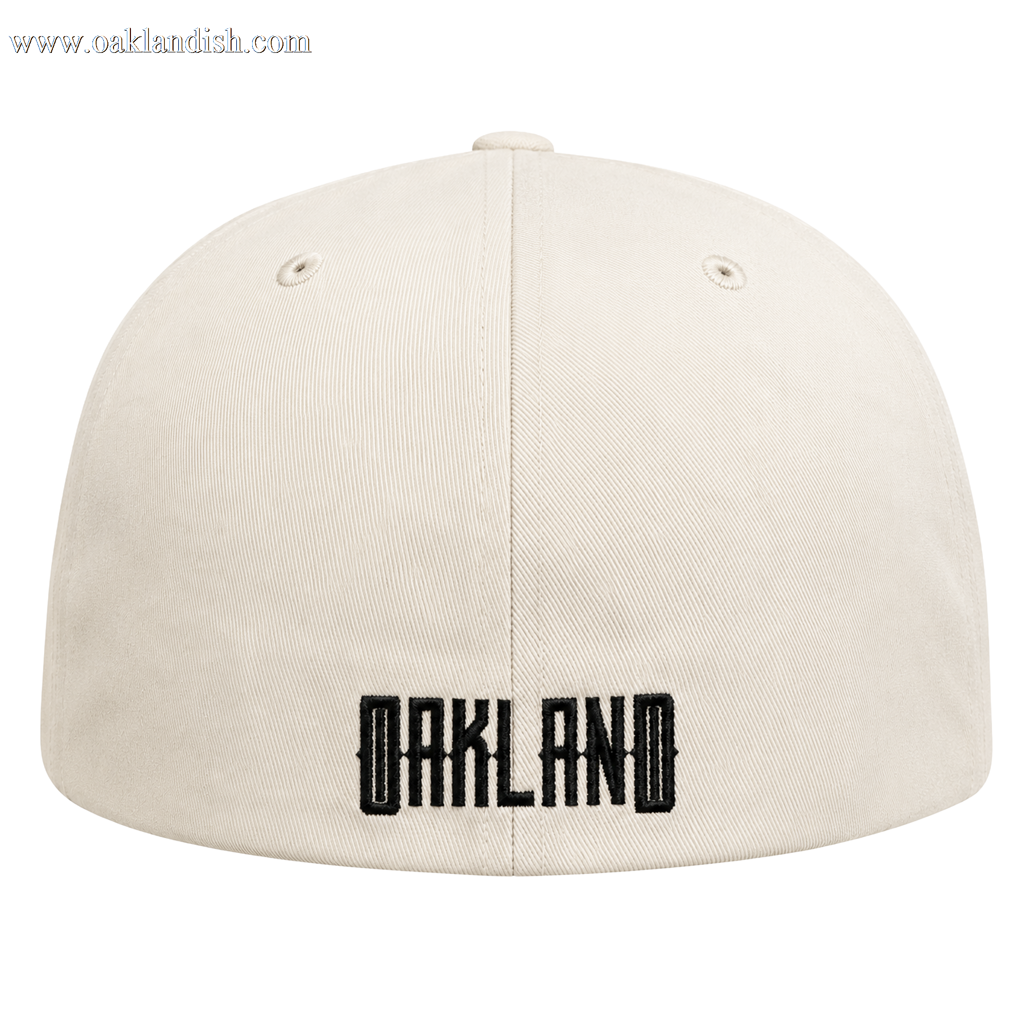 A cream-colored Oakland Peloteros Hat from the Oakland Ballers is displayed from the back, featuring "OAKLAND" embroidered in bold, black block letters near the bottom—a tribute to the city's exciting new Pioneer League team. Two small eyelets appear on either side of the top center seam. The background is white.