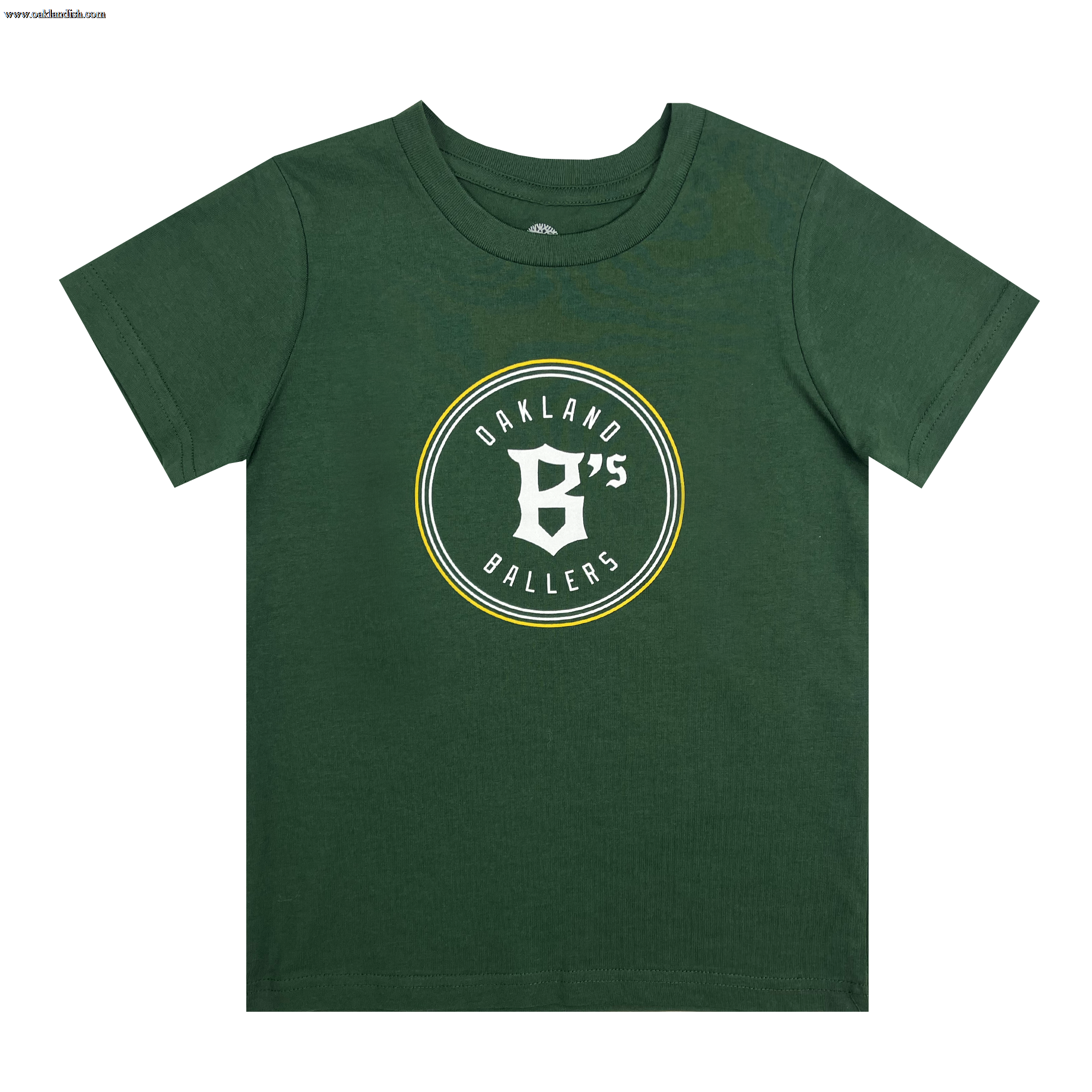 The Toddler Oakland Ballers Logo Tee by Oakland Ballers is a green, short-sleeved T-shirt featuring a circular logo in the center with the text "Oakland Ballers" celebrating their professional baseball team in the Pioneer League. The text and logo, displaying a large "B's," are in white and yellow. The shirt is laid out flat.