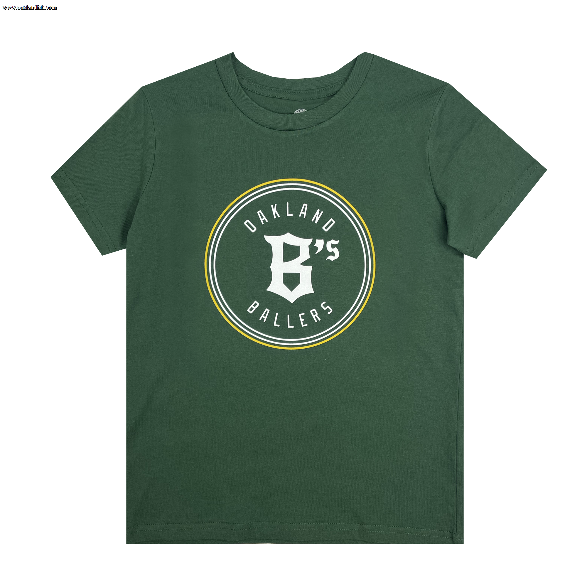 The Youth Oakland Ballers Logo Tee is a green T-shirt featuring the Oakland Ballers' logo with "OAKLAND" arched above and "BALLERS" below a prominent "B's" in the center. The logo, representing the new professional baseball team in the Pioneer League, is encircled by white and yellow lines on a plain background. Made by Oakland Ballers, this tee celebrates their spirited team identity.