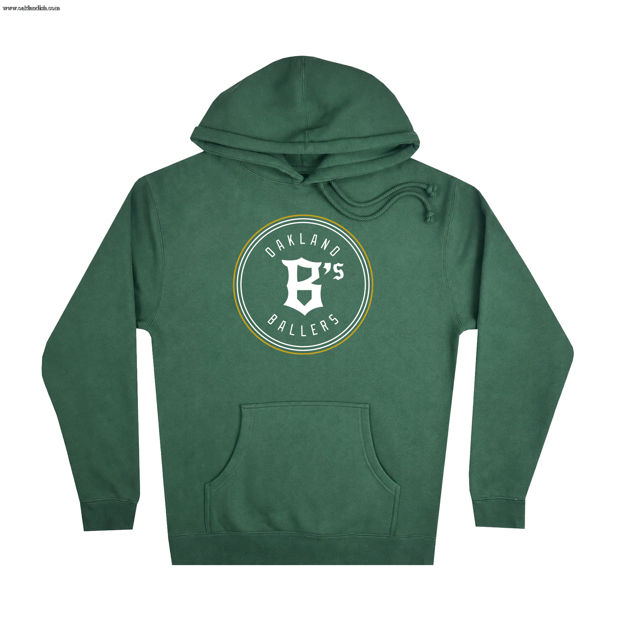 The Oakland Ballers Logo Heavyweight Hoodie by Oakland Ballers is a green sweatshirt featuring a large white "B" in a circular logo and "Oakland B’s Ballers" printed on the chest to celebrate the Oakland Ballers pro baseball team. This hoodie includes a front pocket, a drawstring hood, and is displayed against a plain white background.
