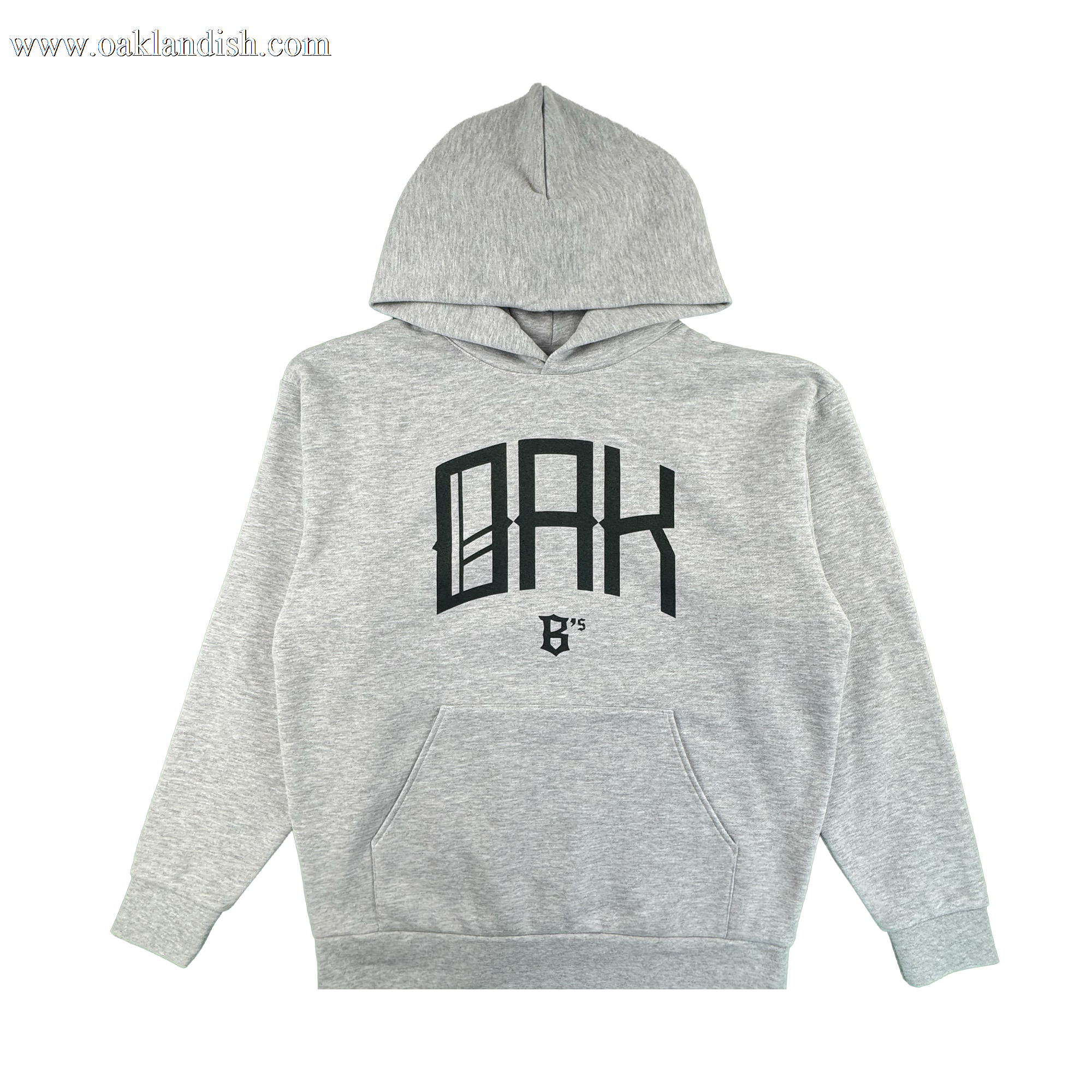 The Oakland Ballers OAK Ballers Hoodie is a light gray hoodie with a front pocket, featuring bold black "OAK" text in a modern font and a small "B '15" graphic on the chest. The background is plain white.