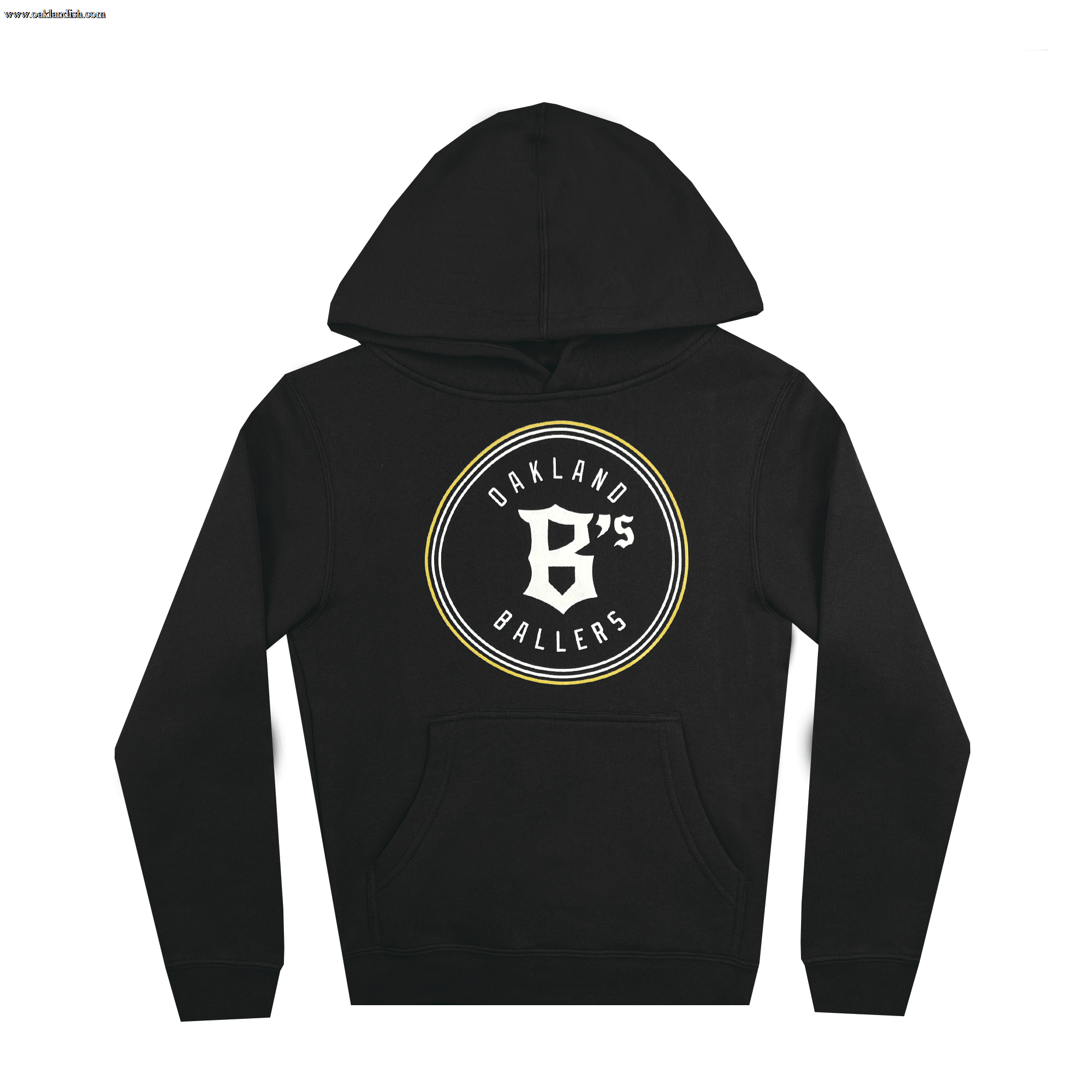 The Youth Oakland Ballers Logo Hoodie by Oakland Ballers is a black hoodie featuring a white circular design displaying "OAKLAND BALLERS". The front showcases a white and yellow ring that encloses a stylized black letter 'B' with the number '45' partially embedded in white. Equipped with a front pocket and drawstring hood, it's perfect for showing support for your favorite professional baseball team.