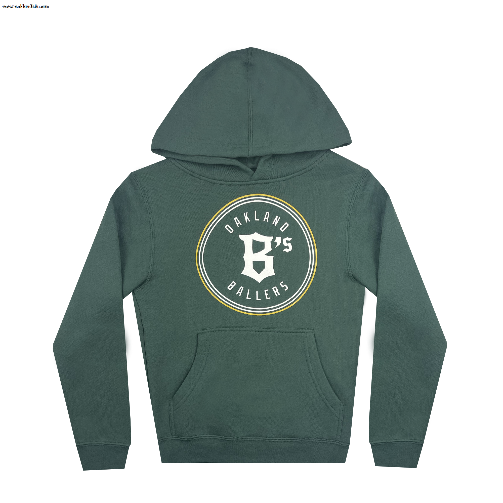 Presenting the Youth Oakland Ballers Logo Hoodie—a dark green hoodie featuring a front pocket and a drawstring hood. The graphic on the front showcases a stylized “B” in white, encircled by the text “Oakland Ballers” and “95,” with all letters and numbers in white and the circle outline in light yellow—perfect for showcasing your love for this professional baseball team.