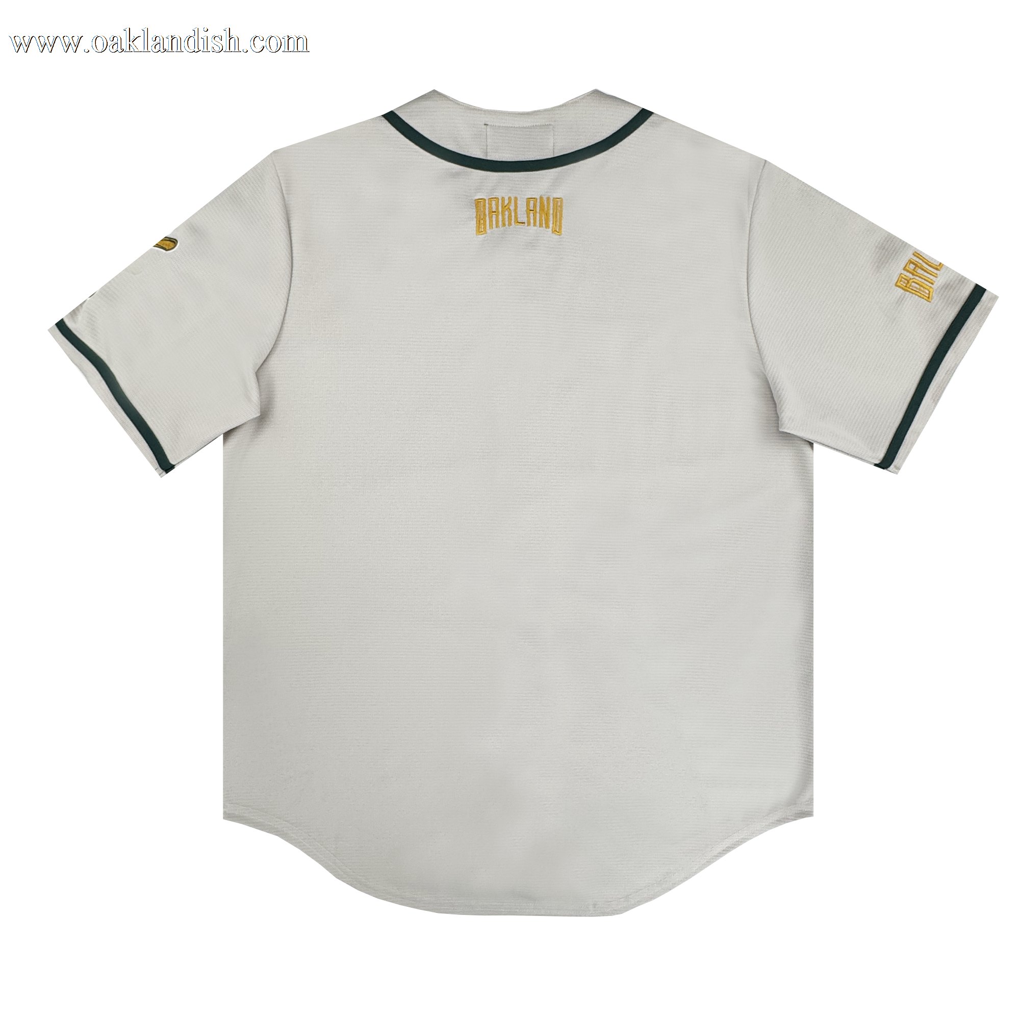 The Oakland Ballers Button Up Jersey is a white shirt with green trim inspired by the Pioneer League, perfect for Oakland Ballers fans.