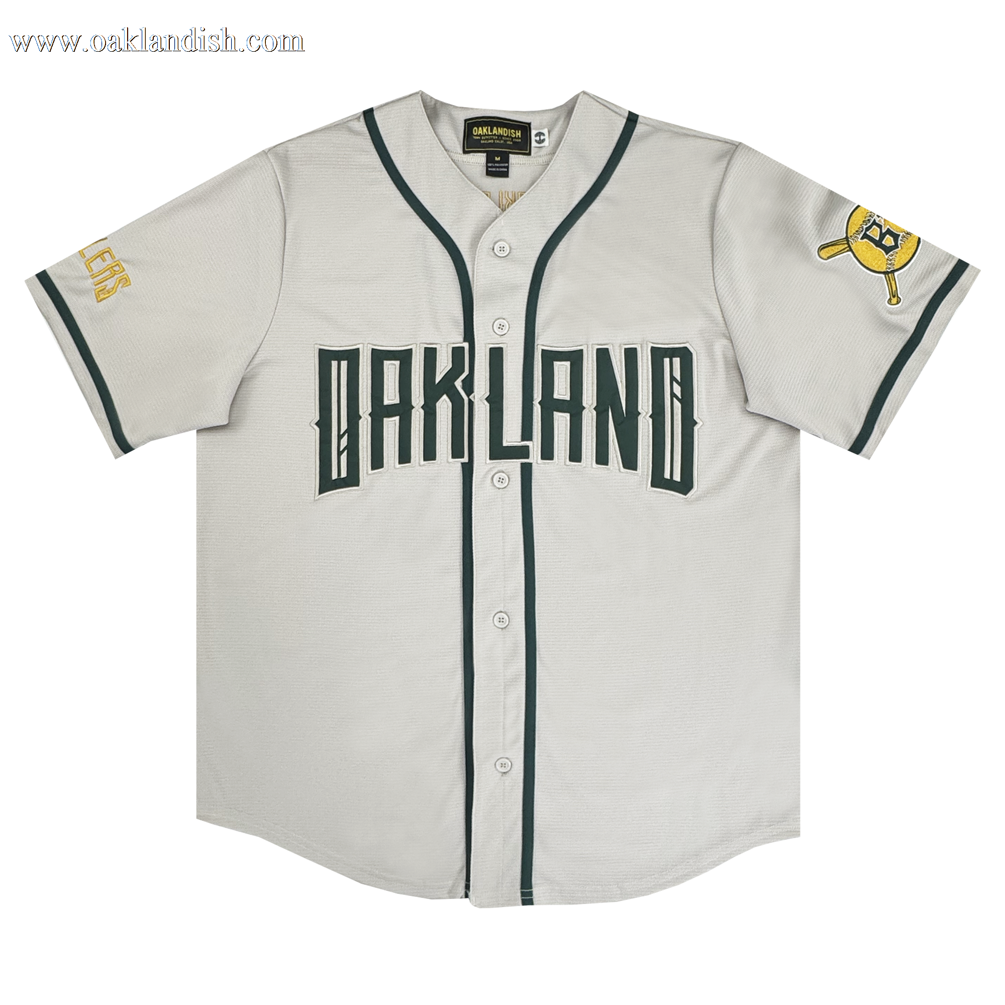 The Oakland Ballers Button Up Jersey by Oakland Ballers features green piping, "OAKLAND" in bold green letters, “A’s” on the left sleeve, and a yellow patch with a green bat and cap—perfect for any fan.
