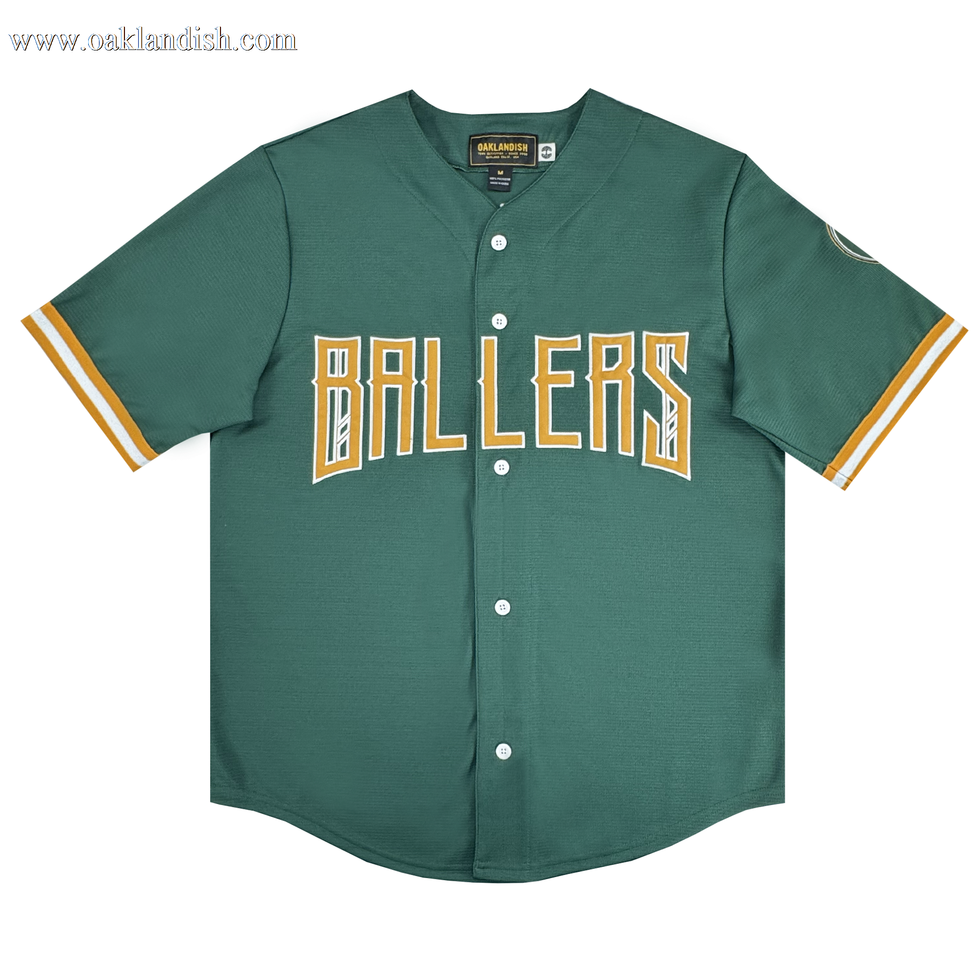 The Oakland Ballers Button Up Jersey by Oakland Ballers is a green baseball jersey with white letters, inspired by the exciting new Pioneer League team.