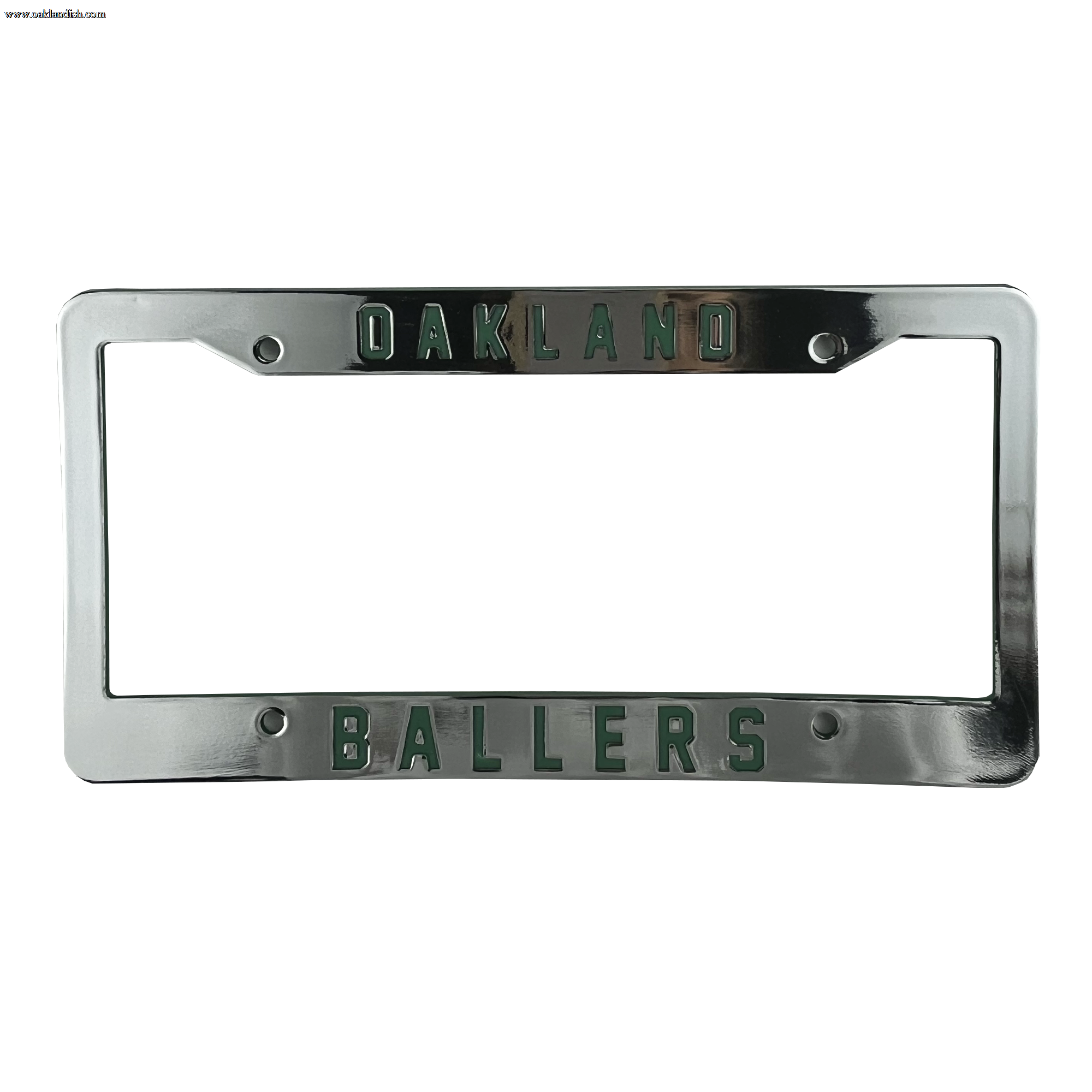 The Oakland Ballers License Plate Frame by Oakland Ballers features the phrase "OAKLAND BALLERS" stamped in green on both the top and bottom, showcasing your East Bay pride. This chrome frame has a shiny metallic finish and is designed to fit a standard rectangular license plate, complete with four screw holes for easy mounting.