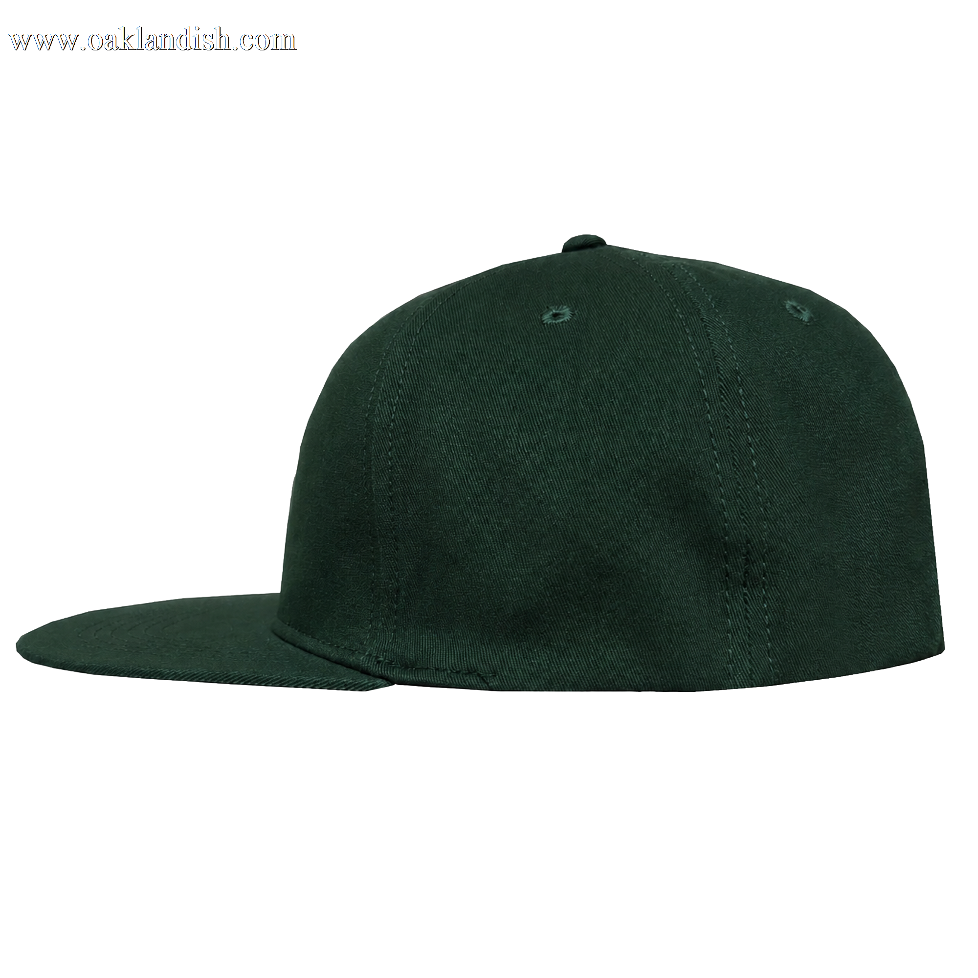 The Oakland Ballers Logo Hat by Oakland Ballers is a plain dark green cap with a flat brim, panel stitching, and small embroidered eyelets for ventilation, shown from the side against a white background.