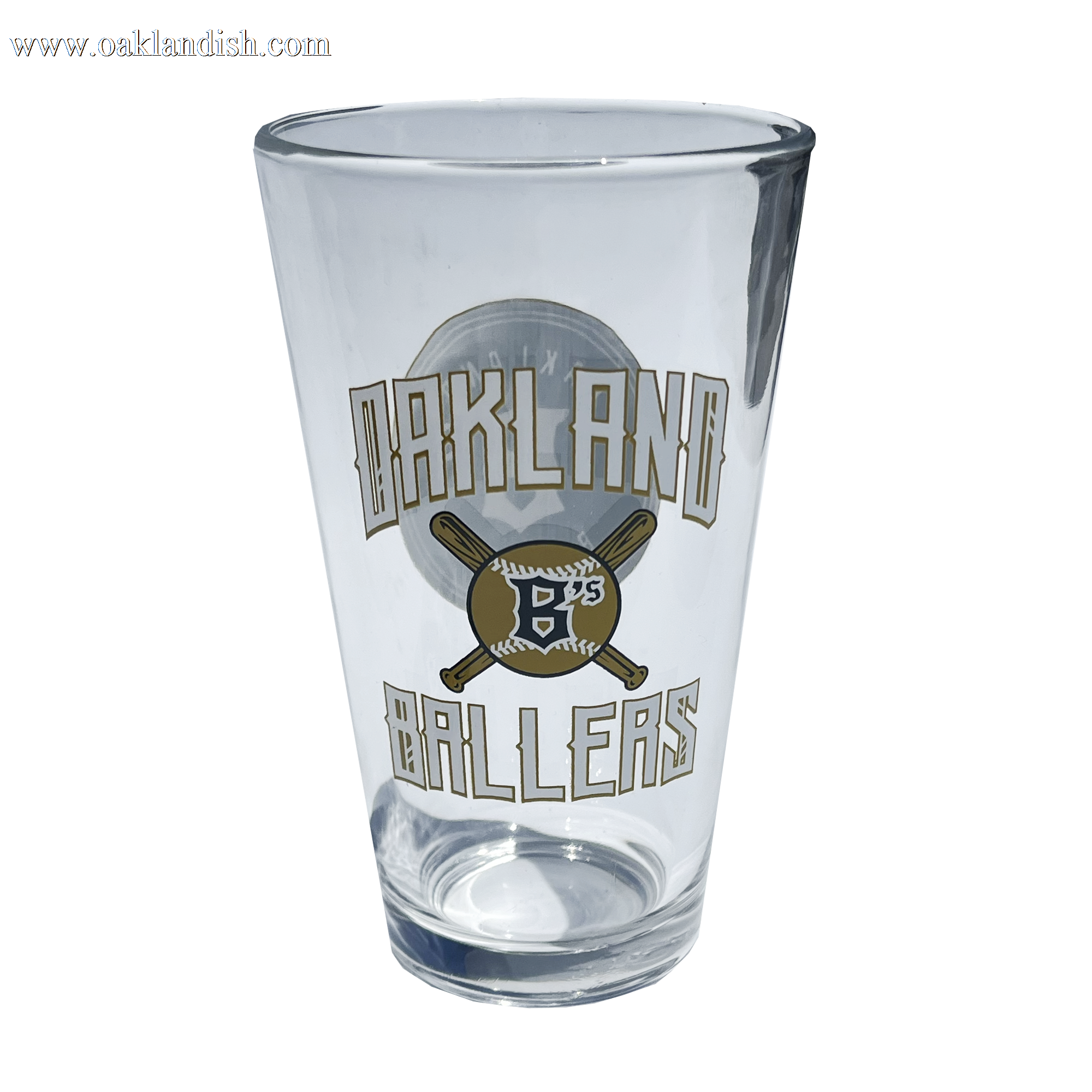 Reverse side of pint glass with Oakland Ballers baseball design.