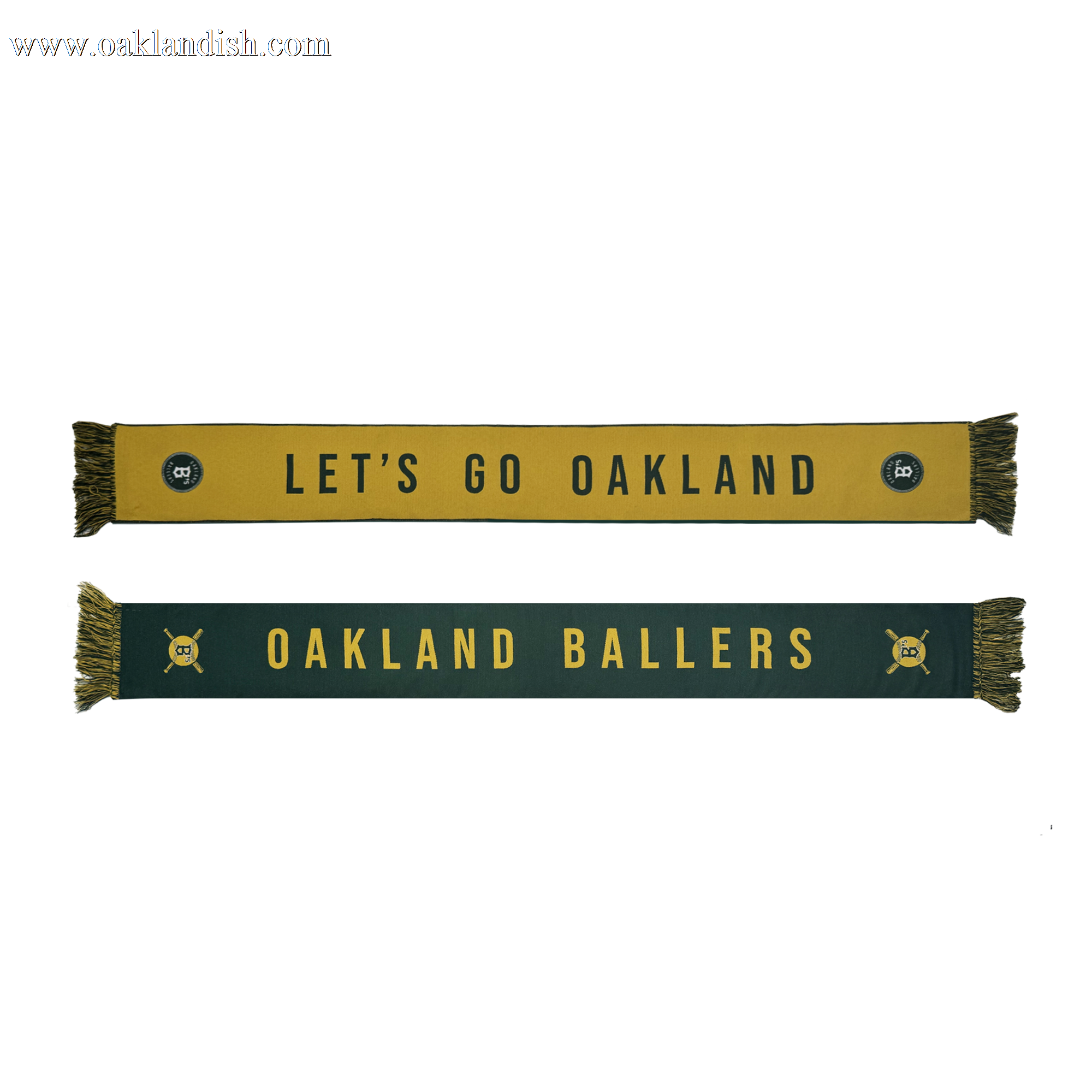 The Oakland Ballers Scarf, by Oakland Ballers, features two woven designs: one gold with "LET'S GO OAKLAND" in black; the other green with "OAKLAND BALLERS" and crossed bats at each end. Both have fringe ends, perfect for fans.