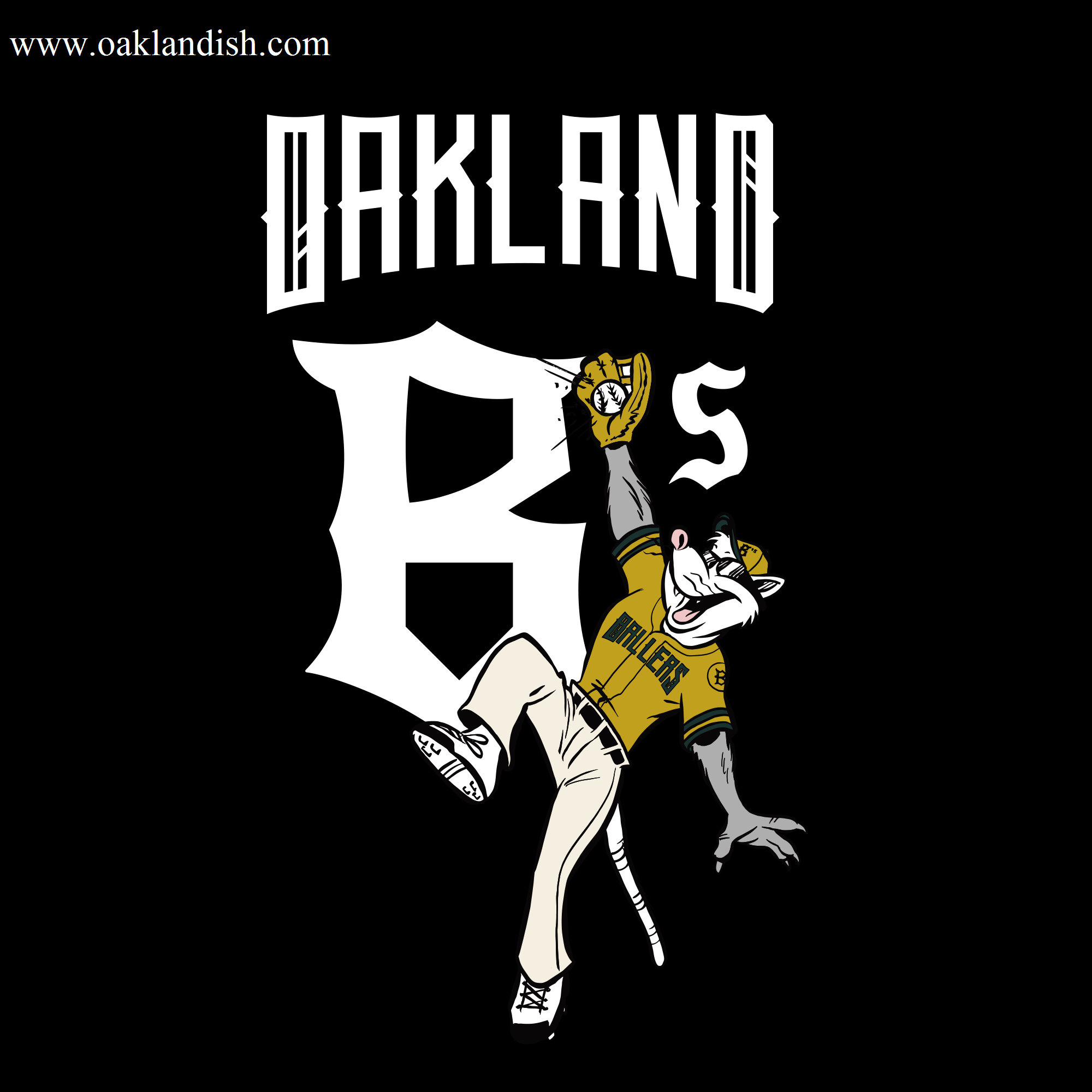 A cartoon tiger in a yellow Oakland Ballers uniform leaps with a glove on the Women's Scrappy Jumps Tee. Behind is a large white "A" and bold "OAKLAND" text on a solid black background. Brand: Oakland Ballers.