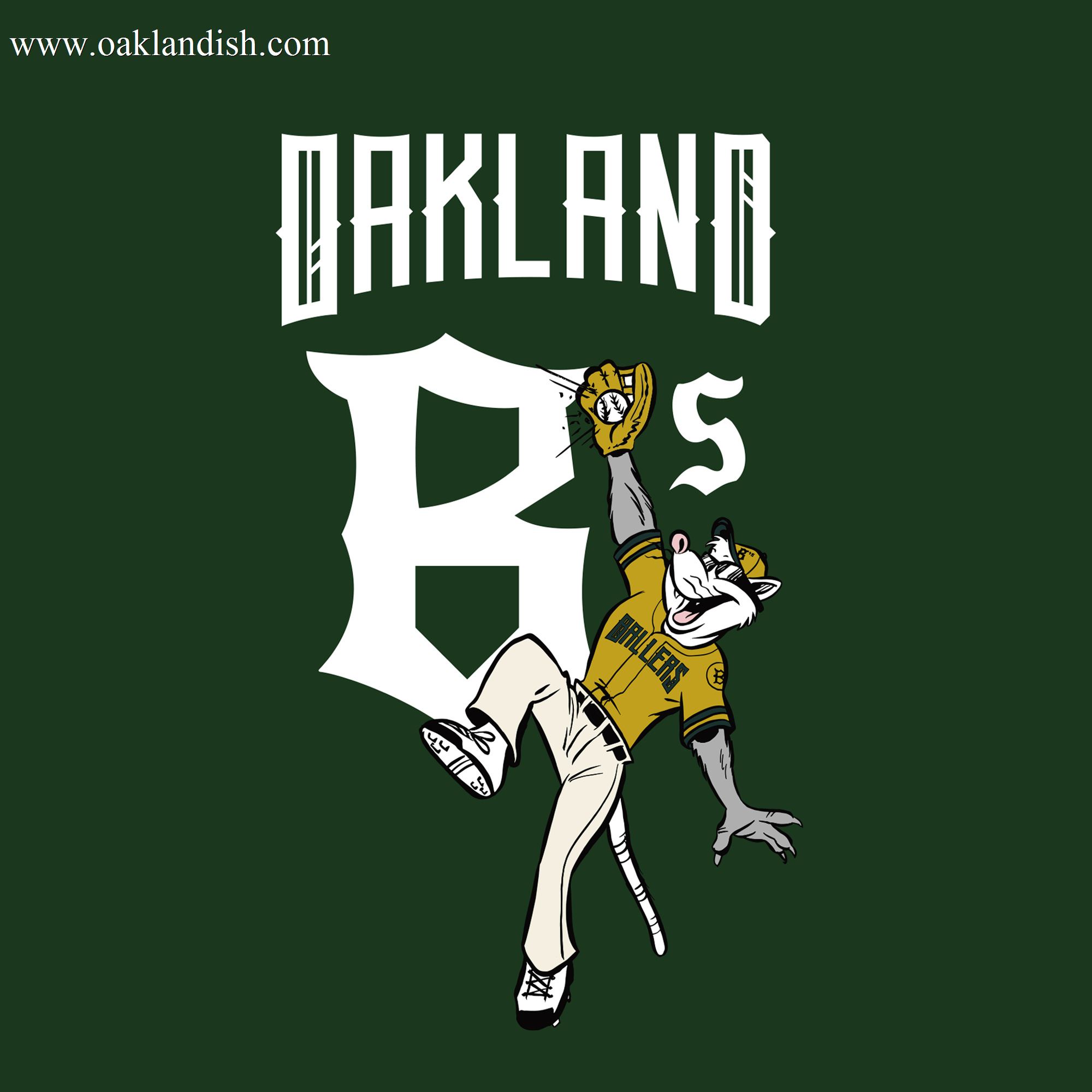 A cartoon tiger wearing an Oakland Ballers uniform leaps for a ball with a big white "B" and "OAKLAND" above, highlighting the Oakland Ballers Pioneer League team on this dark green Women's Scrappy Jumps Tee.