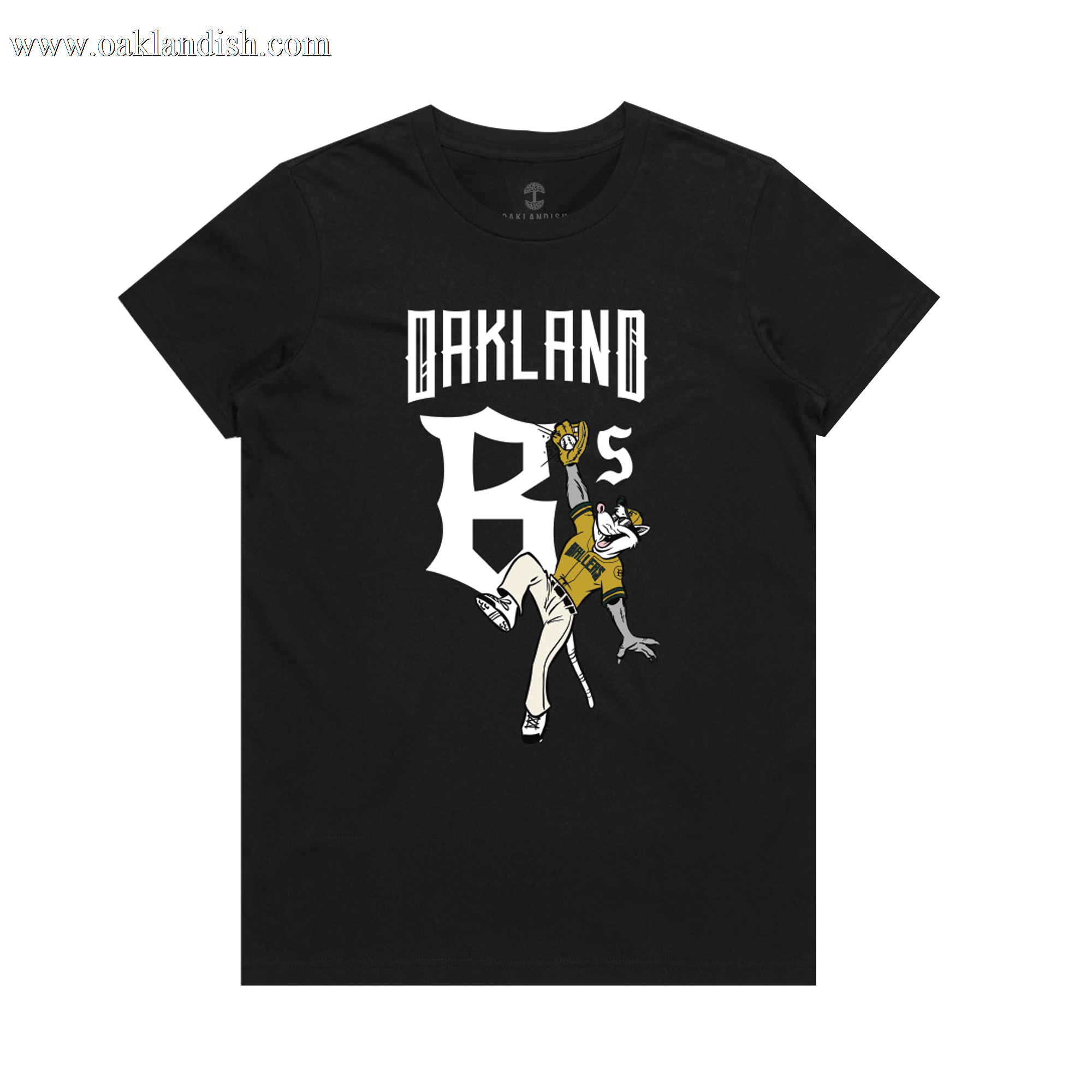 The Women's Scrappy Jumps Tee by Oakland Ballers features bold “Oakland B’s” text and a cartoon bee in a yellow jersey with a dollar sign, playfully celebrating the city's baseball spirit.