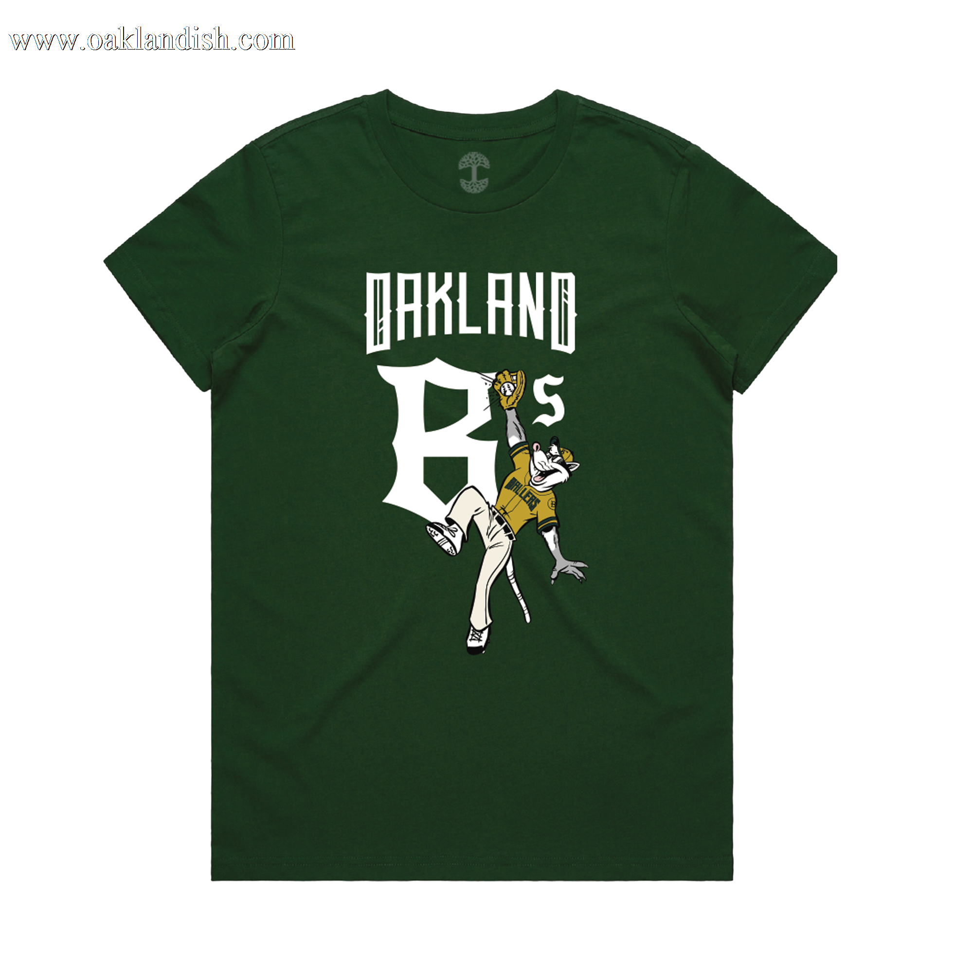 The Women's Scrappy Jumps Tee by Oakland Ballers features “OAKLAND A’s” in bold white and a cartoon dog in a yellow baseball uniform, playfully honoring the Oakland pro baseball team and its fans.