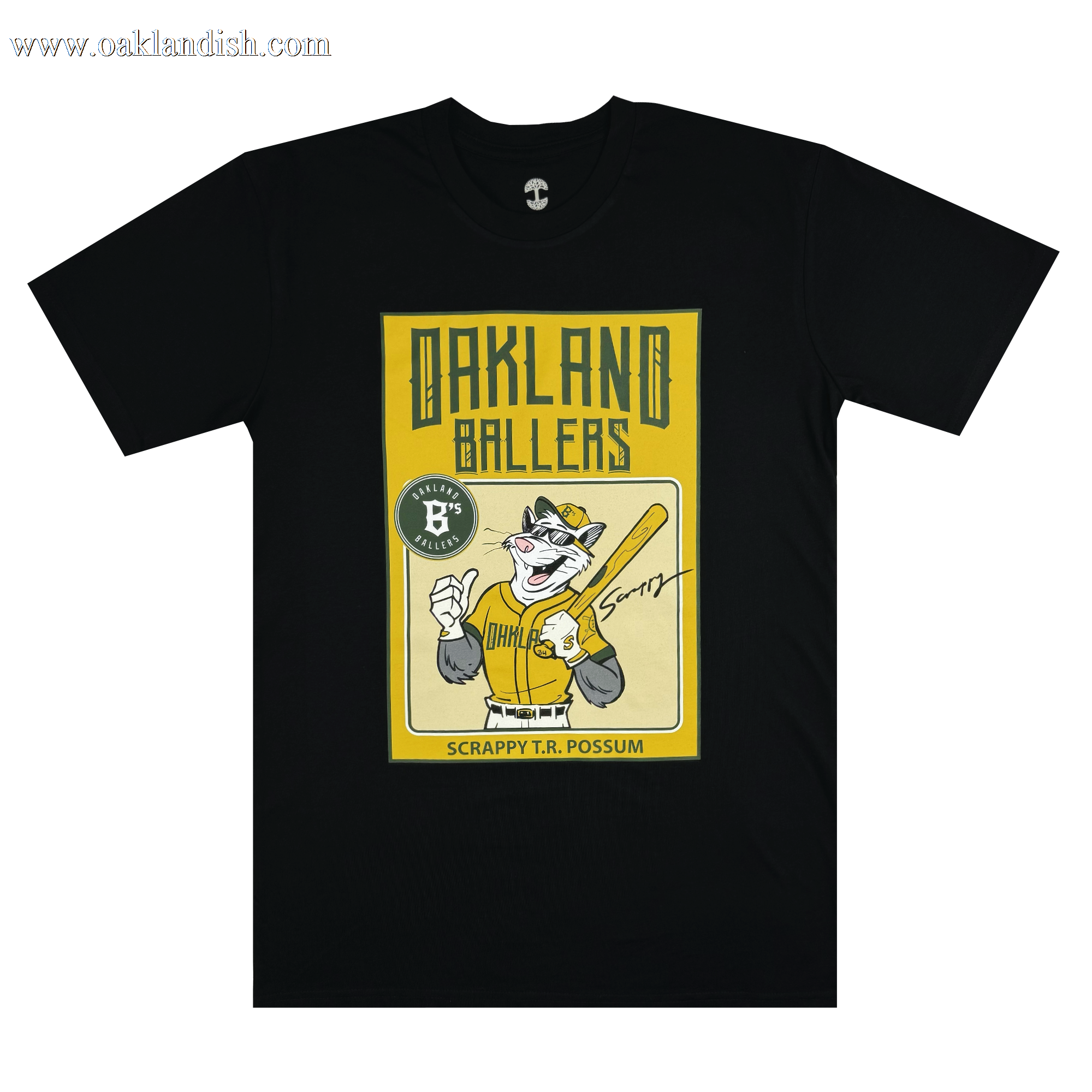 Introducing the "Scrappy Rookie Card Tee" by Oakland Ballers: This black T-shirt showcases a graphic of an illustrated possum dressed as a baseball player, holding a bat and proudly wearing an Oakland Ballers jersey from the Pioneer League. The text "Scrappy T.R. Possum" is featured below the image on a yellow background, along with an emblem displaying "Ballers Performance Apparel.