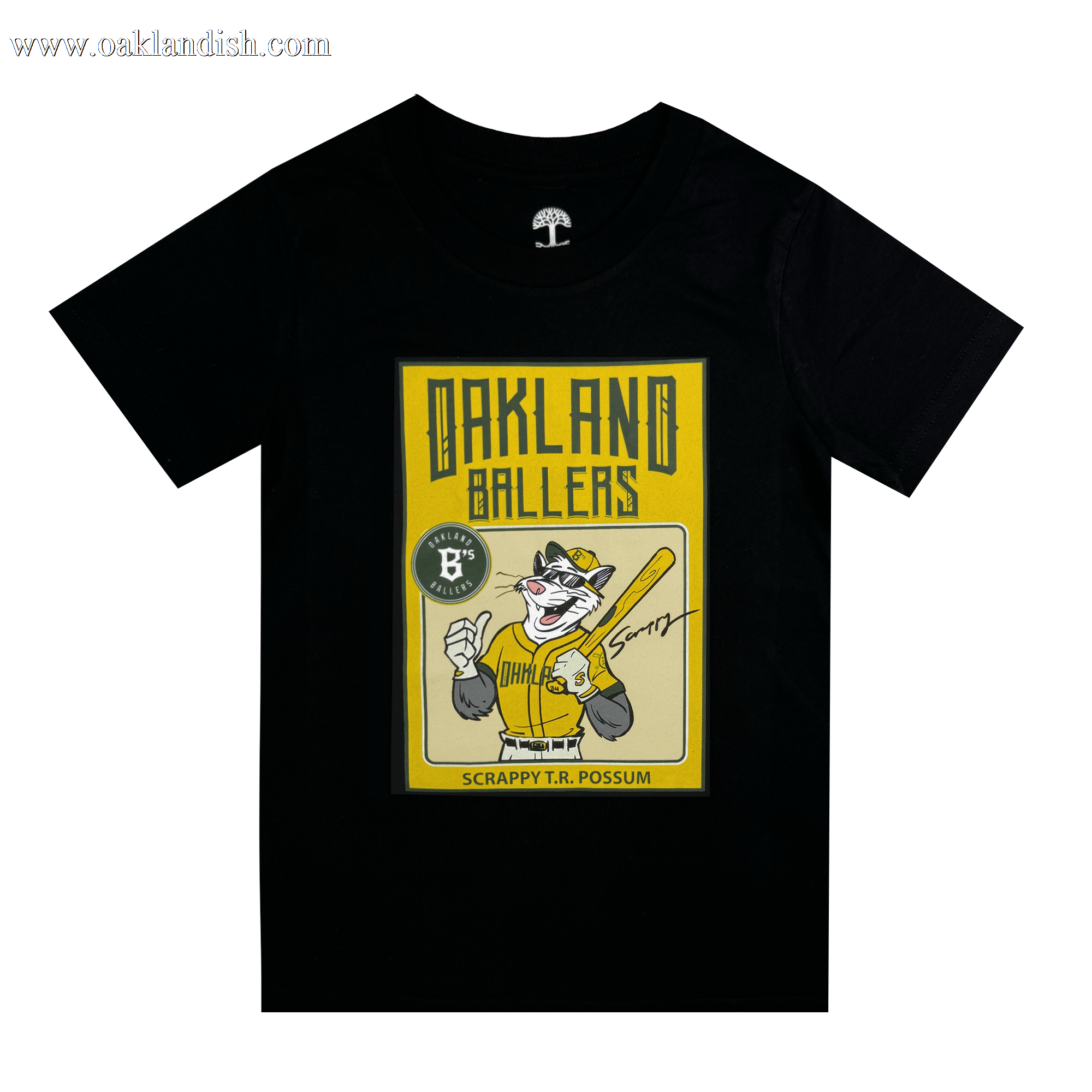 The Toddler Scrappy Rookie Tee by Oakland Ballers is a black T-shirt with a vintage-style baseball card graphic of mascot Scrappy the Rally Possum in a yellow jersey, holding a bat. The card reads “OAKLAND BALLERS” and “SCRAPPY T.R. POSSUM” with a “Sorry!” signature.