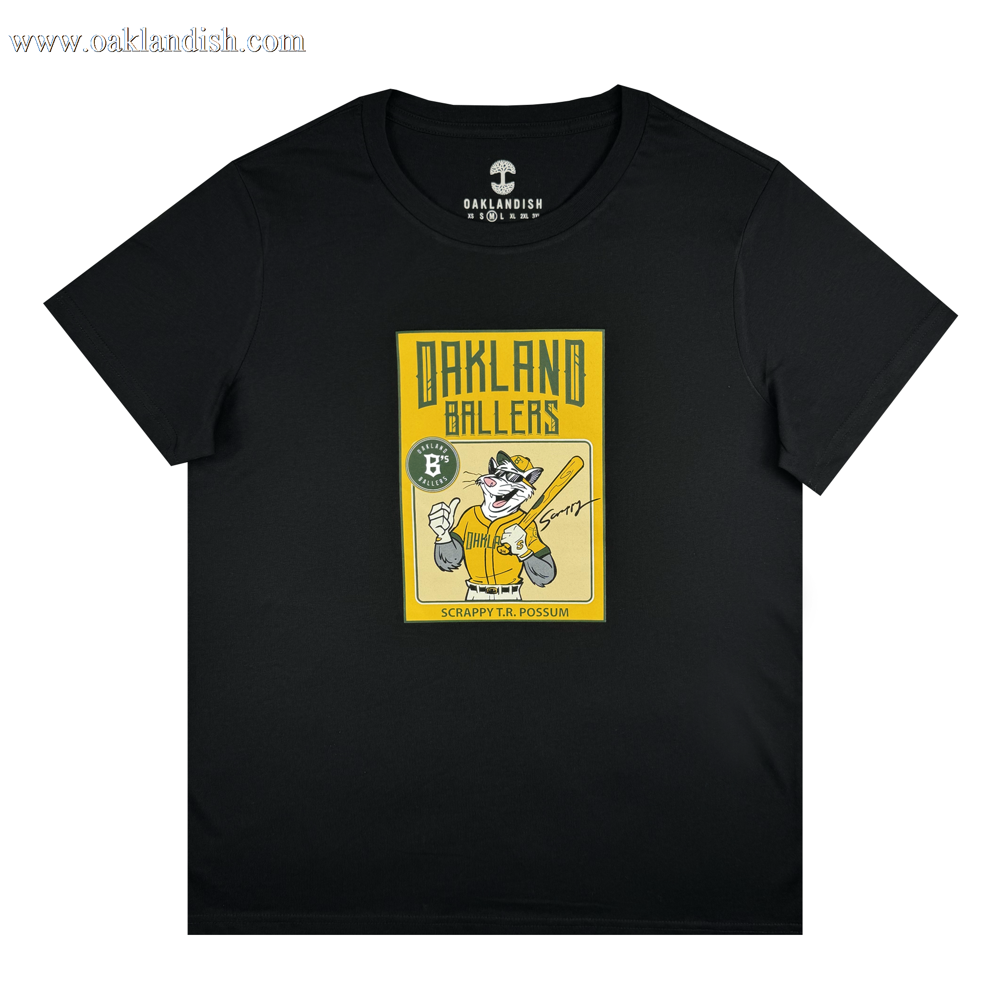 A black Women's Scrappy Rookie Card Tee from Oakland Ballers features a cartoon possum with a baseball bat. The design is accompanied by the text "OAKLAND BALLERS" above and "SCRAPPY T. POSSUM" below, accented in yellow with a baseball emblem on the left, reflecting artwork inspired by Ken Mitchroney.