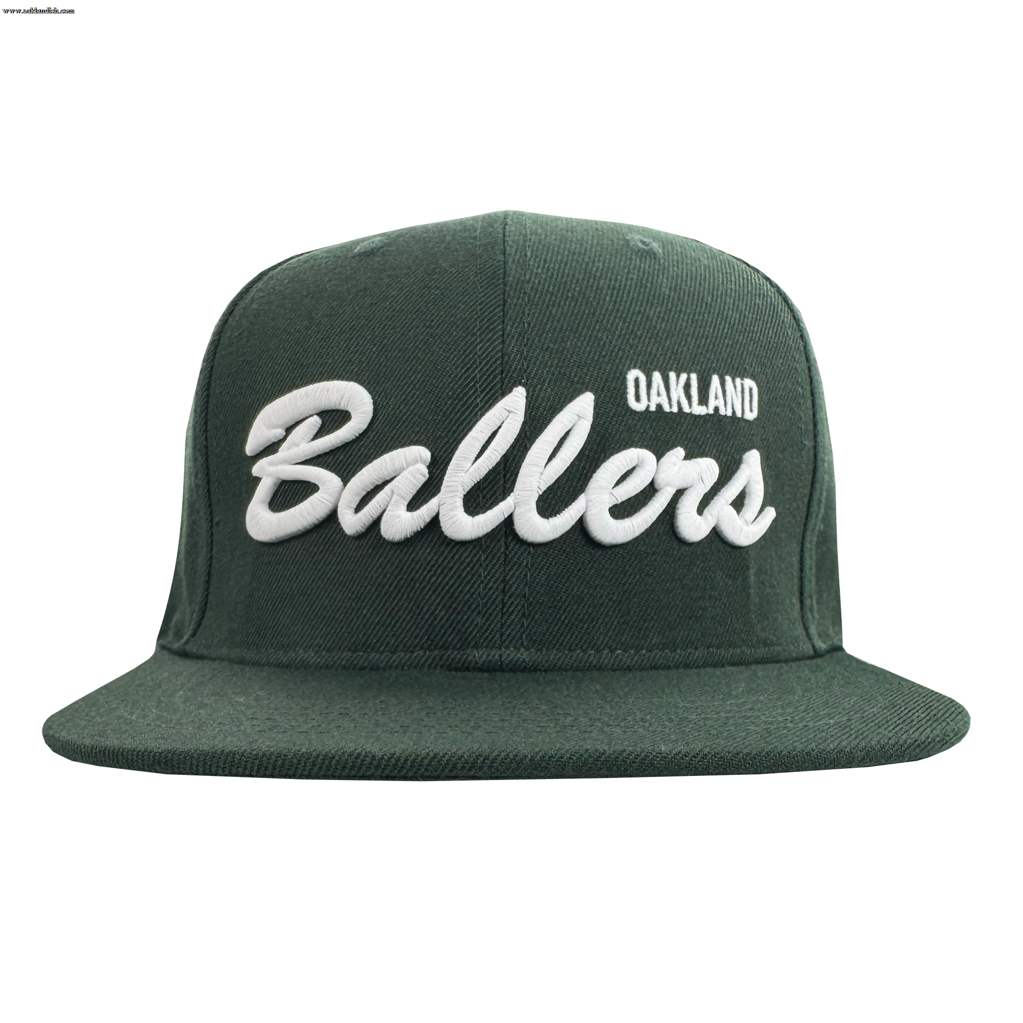 The Oakland Ballers Script Snapback by Oakland Ballers is a dark green flat-brim cap featuring bold white "Ballers" embroidery across the front with "Oakland" above, celebrating the city's Pioneer League baseball team. Shown front-facing on a white background.