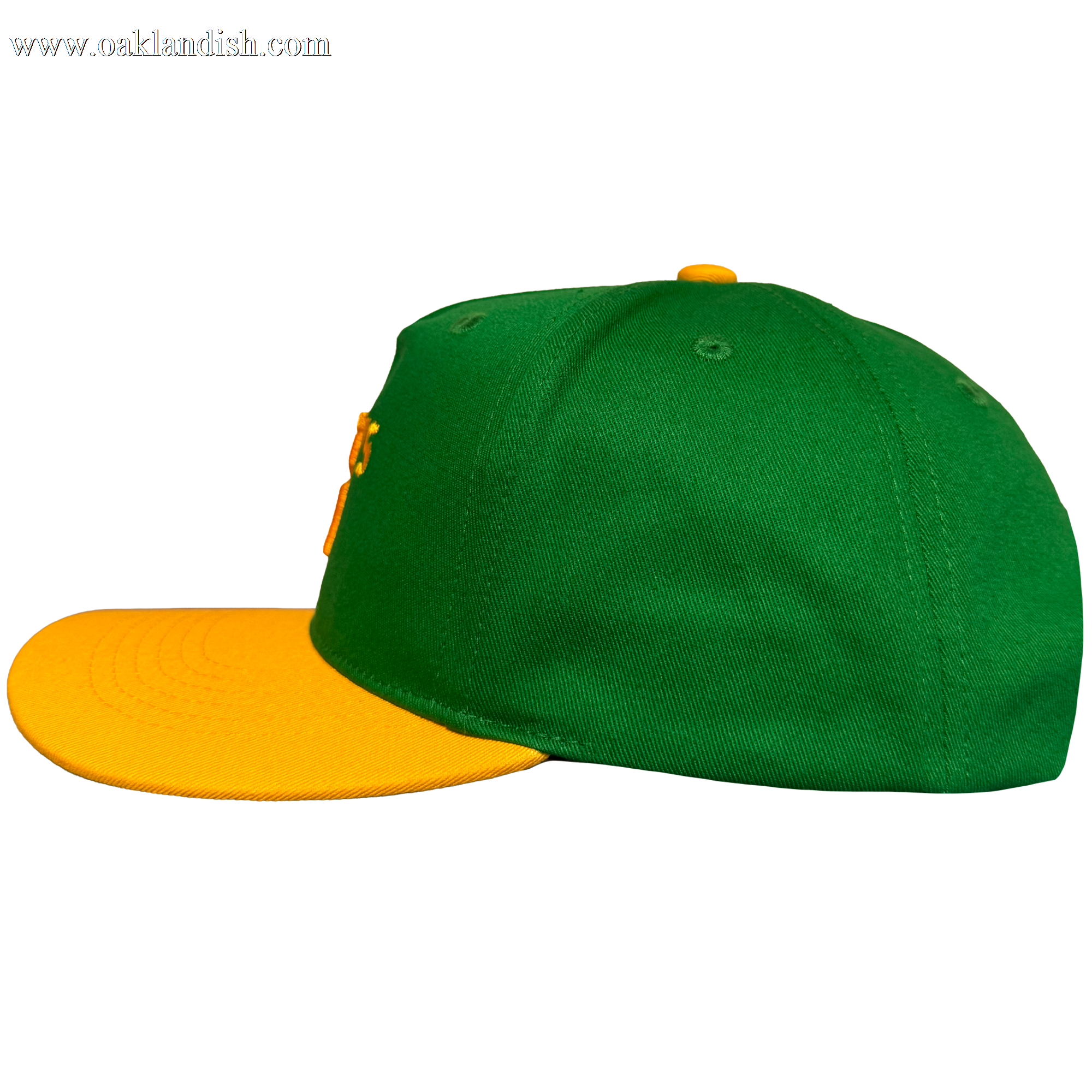 The Oakland Ballers 5 Panel Cap features a green body, flat bright yellow brim, and yellow top button, shown in side profile on a plain white background. Visible stitching and eyelets add to its classic baseball cap look.