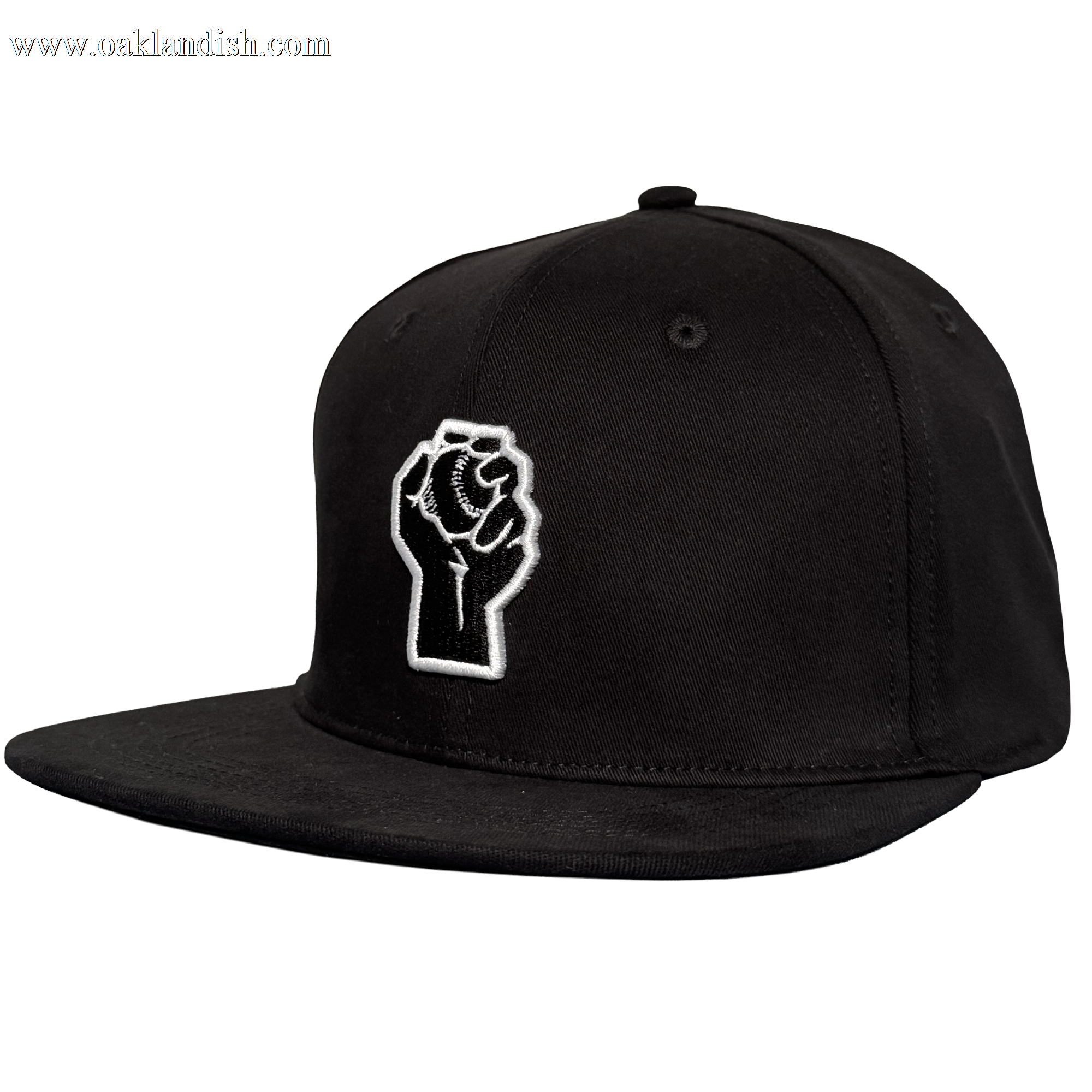 The Oakland Stand Up Hat by Oakland Ballers is a black snapback with a flat brim, featuring an embroidered white outline of a raised fist holding a baseball on the front panel—an homage to the team.
