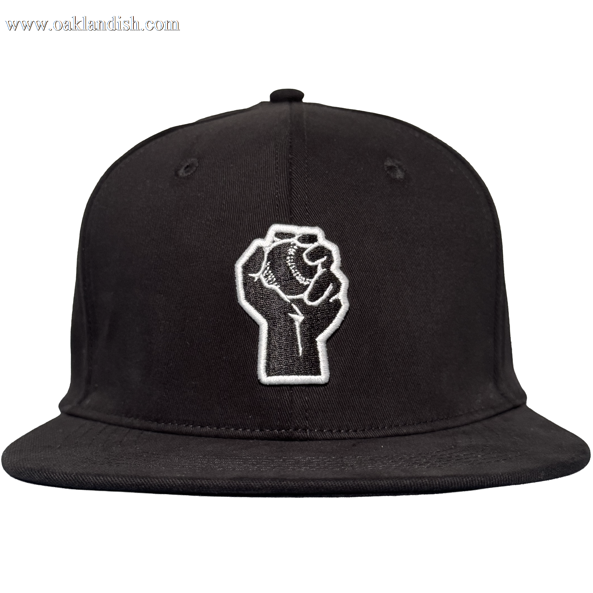 The Oakland Stand Up Hat by Oakland Ballers is a black flat-bill cap with an embroidered white raised fist on the front, symbolizing solidarity and resistance—a bold tribute to the team from the Pioneer League.
