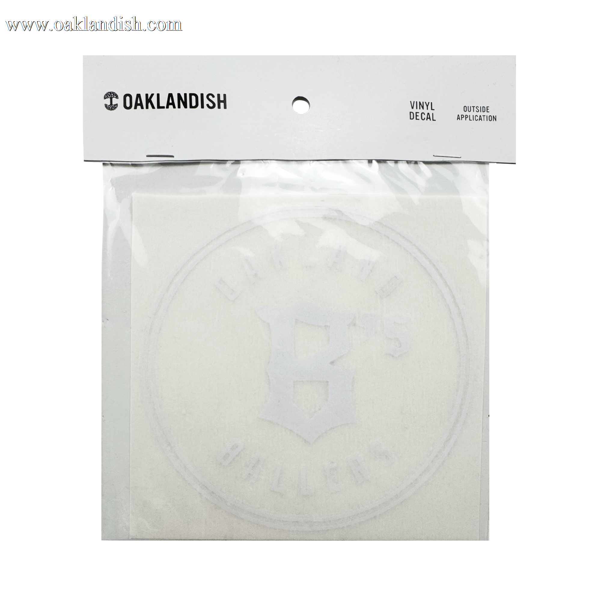 The Oakland Ballers Decal - 6" is a white vinyl window sticker by Oakland Ballers, packaged in a clear sleeve labeled "OAKLANDISH VINYL DECAL," featuring a large "B" and circular "BROTHER BALLERS" text for the baseball team.