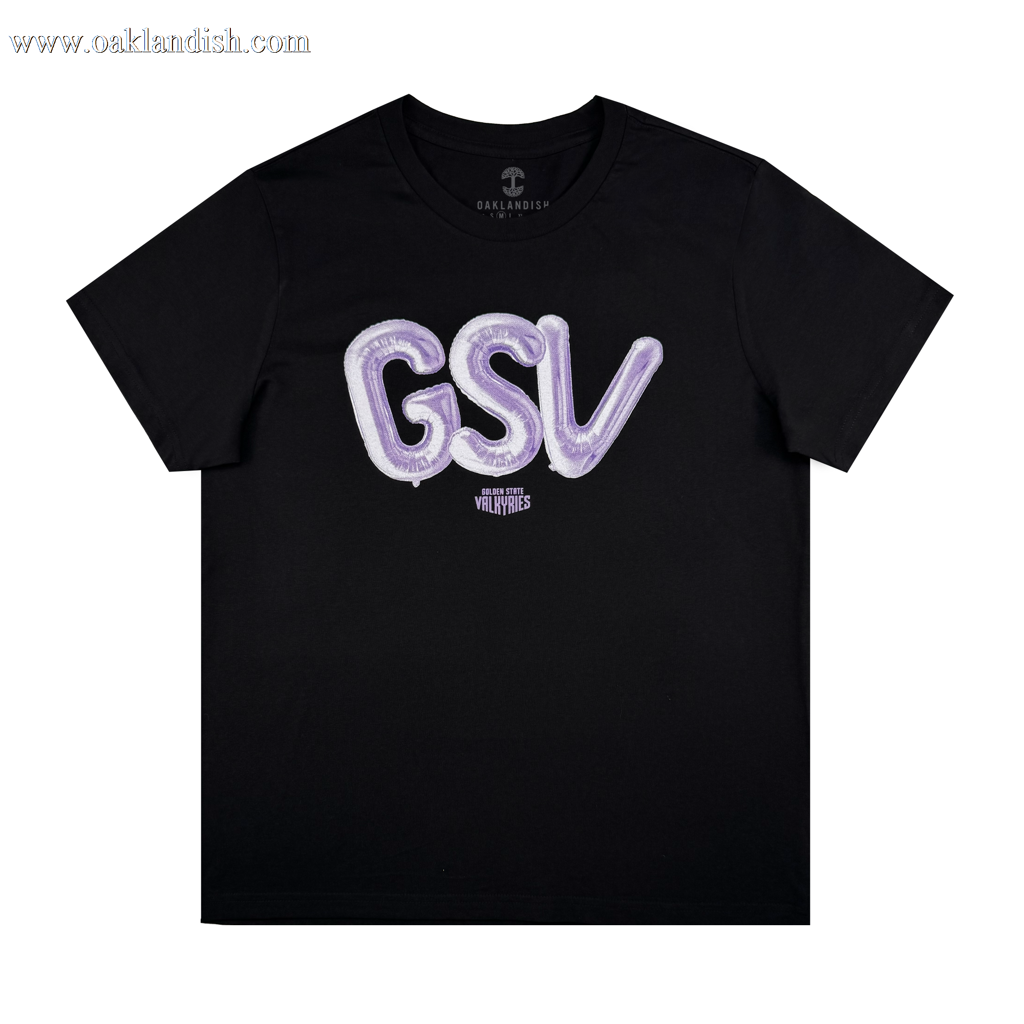 The Women's Golden State Valkyries Balloons Tee by GSV is a black classic fit women's t-shirt with large shiny purple "GSV" balloon letters and small white "WILD WARRIORS" text below, shown flat on a white background.