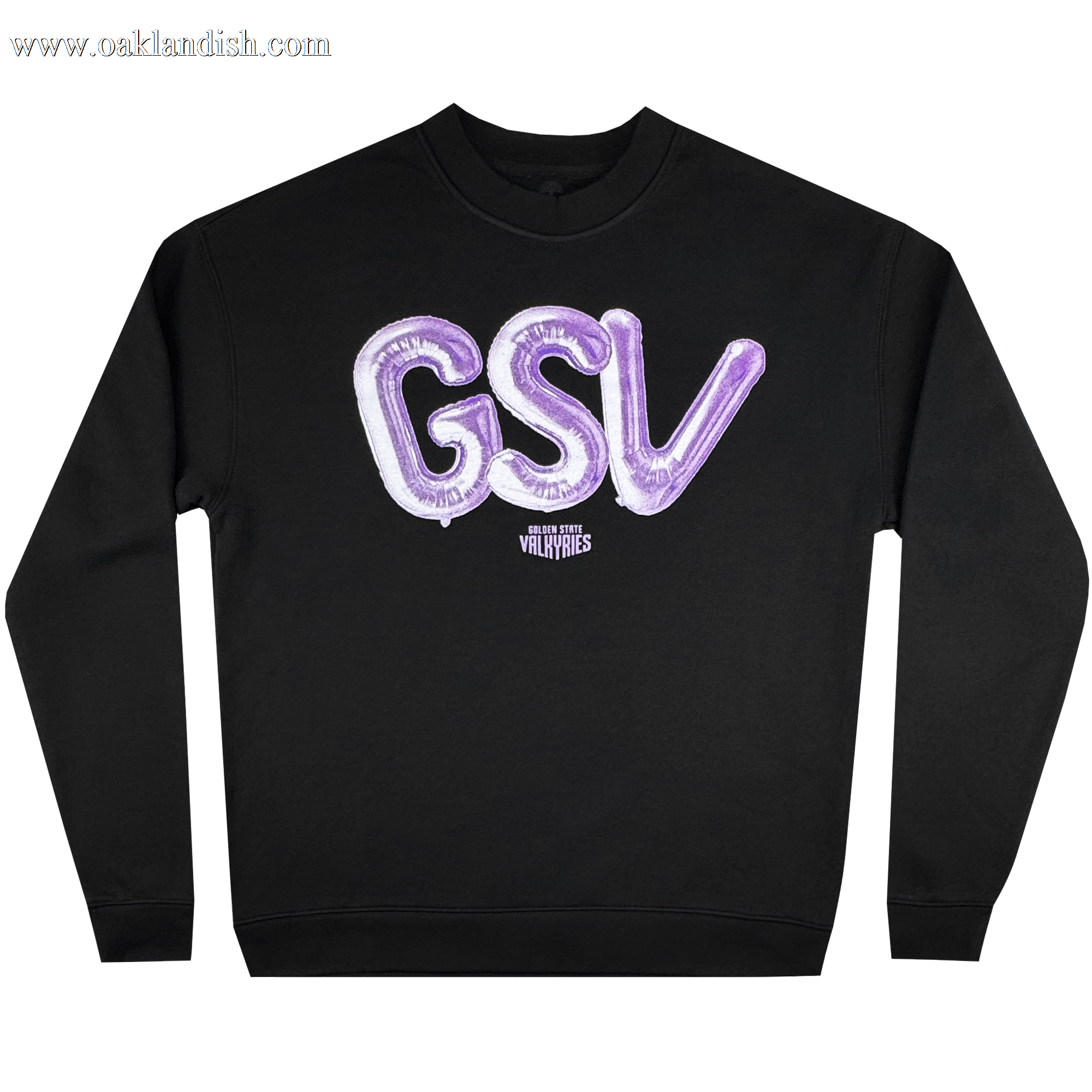 The GSV Golden State Valkyries Balloons Crew is a black crewneck sweatshirt with bold, shiny purple “GSV” balloon letters and “HOUSE OF VALKYRIES” in white below—officially licensed and perfect for Valkyries fans.