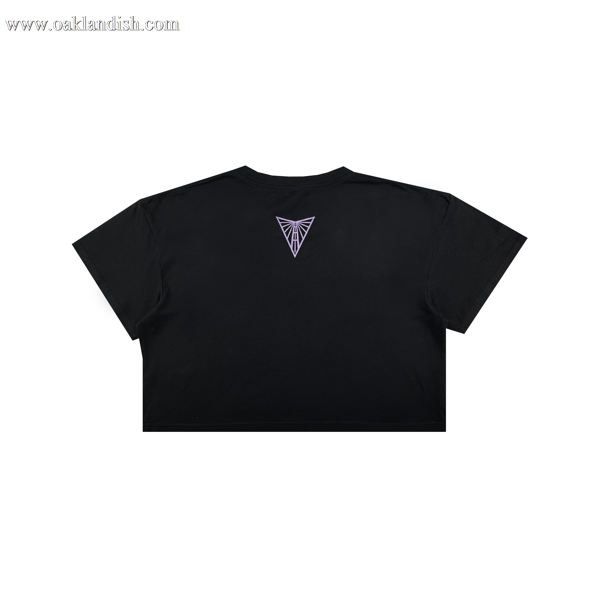 The Women's Golden State Valkyries Balloons Crop Tee by GSV is shown from the back in black, featuring a small purple geometric emblem near the neckline on a plain background. No other designs or text are visible; background is white.