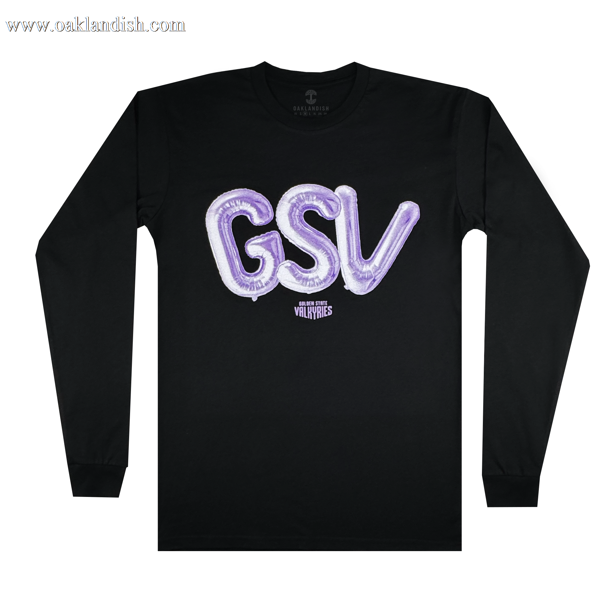The Golden State Valkyries Balloons LS Tee by GSV is a black cotton long-sleeve featuring large, shiny purple “GSV” balloon letters on the chest and small white “Guilty Simpson & Vally Vanes” text below, shown flat on a white background.