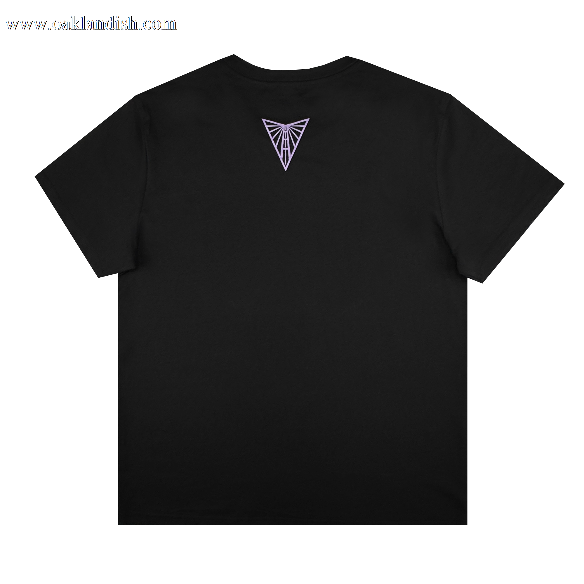 The Women's Golden State Valkyries Balloons Tee by GSV is shown in classic black, women's sizing, with the back up. A small light purple geometric Valkyries "V" logo appears below the neckline.