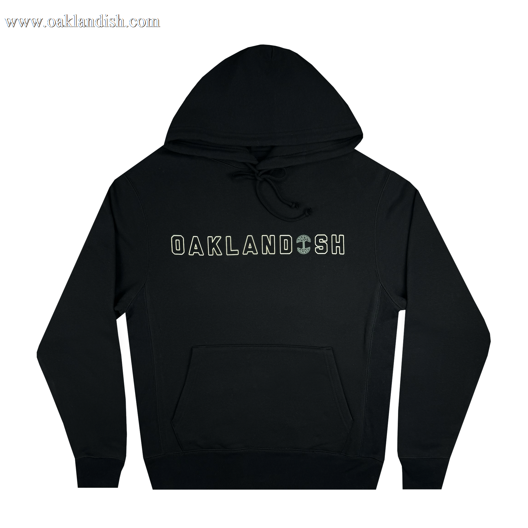 The Bandit Hoodie by Oaklandish is a black pullover featuring "OAKLANDISH" printed boldly across the chest in white letters, with the brand's tree logo replacing the "A" in "LAND." Designed in men's sizing, this stylish outerwear includes a drawstring hood and front pocket.