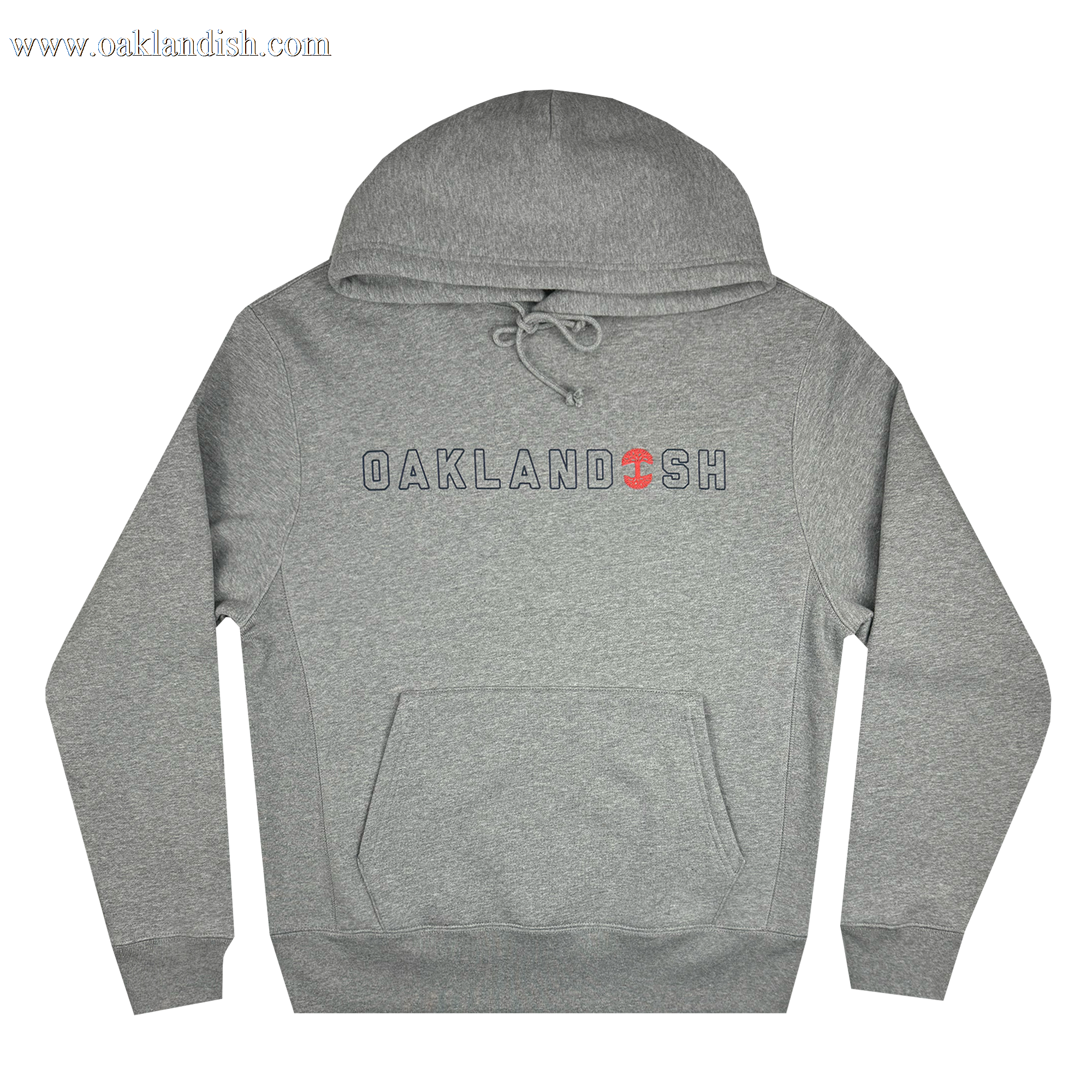 The Bandit Hoodie from Oaklandish is a heather grey pullover that showcases "OAKLANDISH" in bold letters across the chest, with a small red tree symbol substituting the letter "A." It features an adjustable drawstring hood and a front kangaroo pocket, designed for men's sizing. The hoodie is displayed flat against a white background.