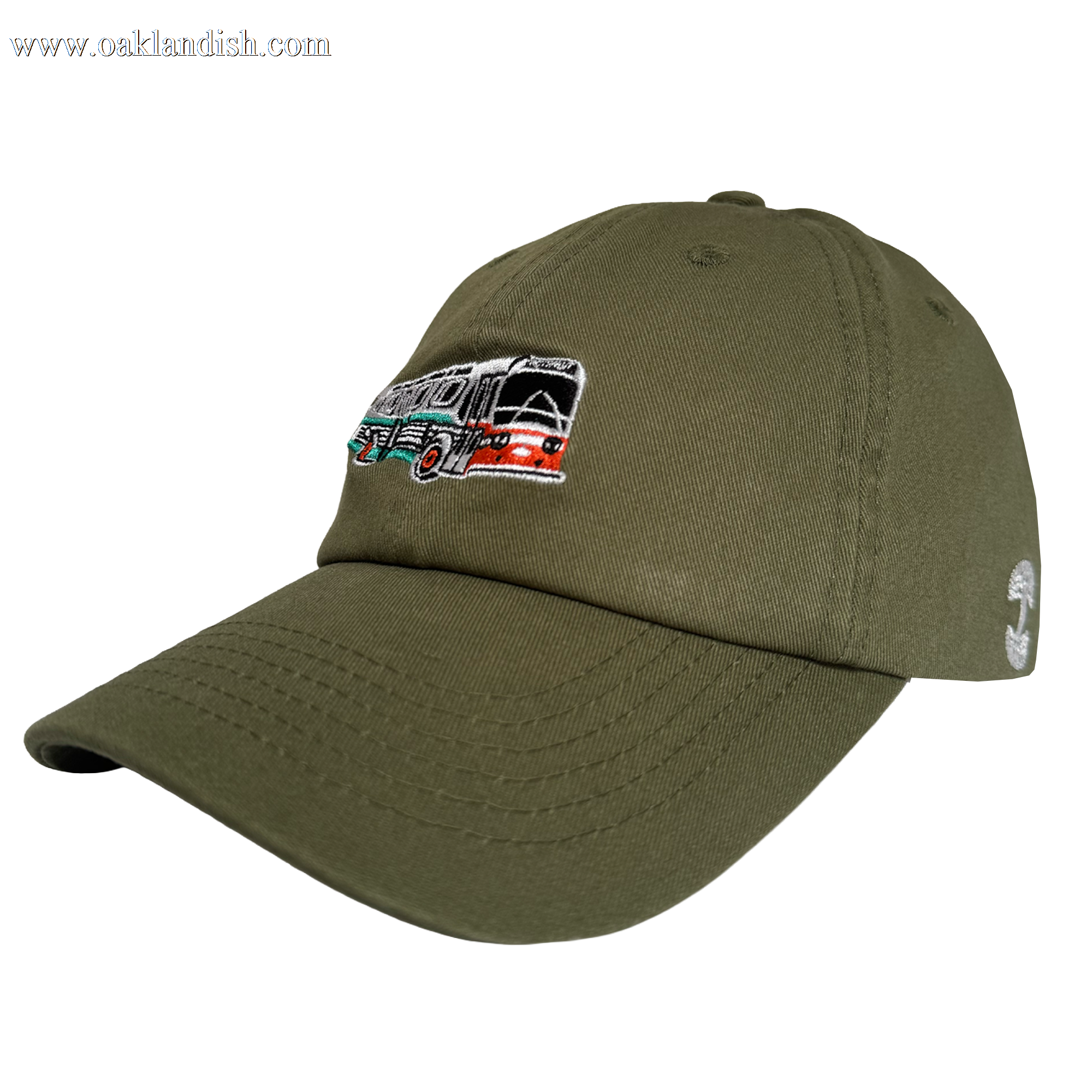 The AC Transit Dad Hat by Oaklandish is an olive green cap featuring an embroidered red, green, and white AC Transit bus on the front, a curved brim, visible stitching, and ventilation holes—ideal for East Bay pride. Background is plain white.