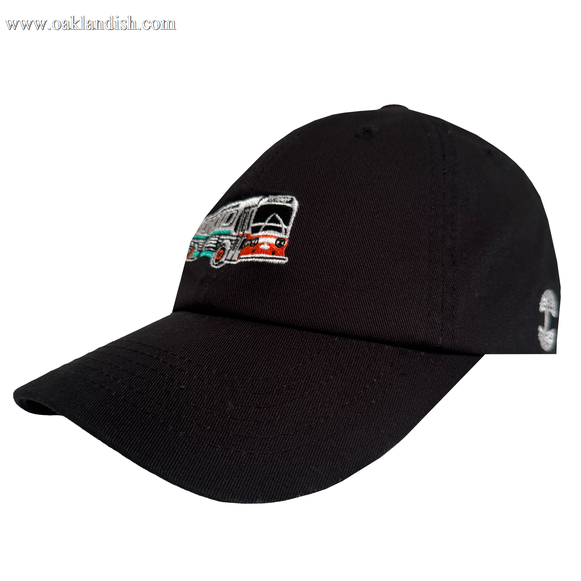 The Oaklandish AC Transit Dad Hat is a black cap featuring an embroidered retro AC Transit bus with red, green, and white stripes—bringing classic East Bay vibes to your look.